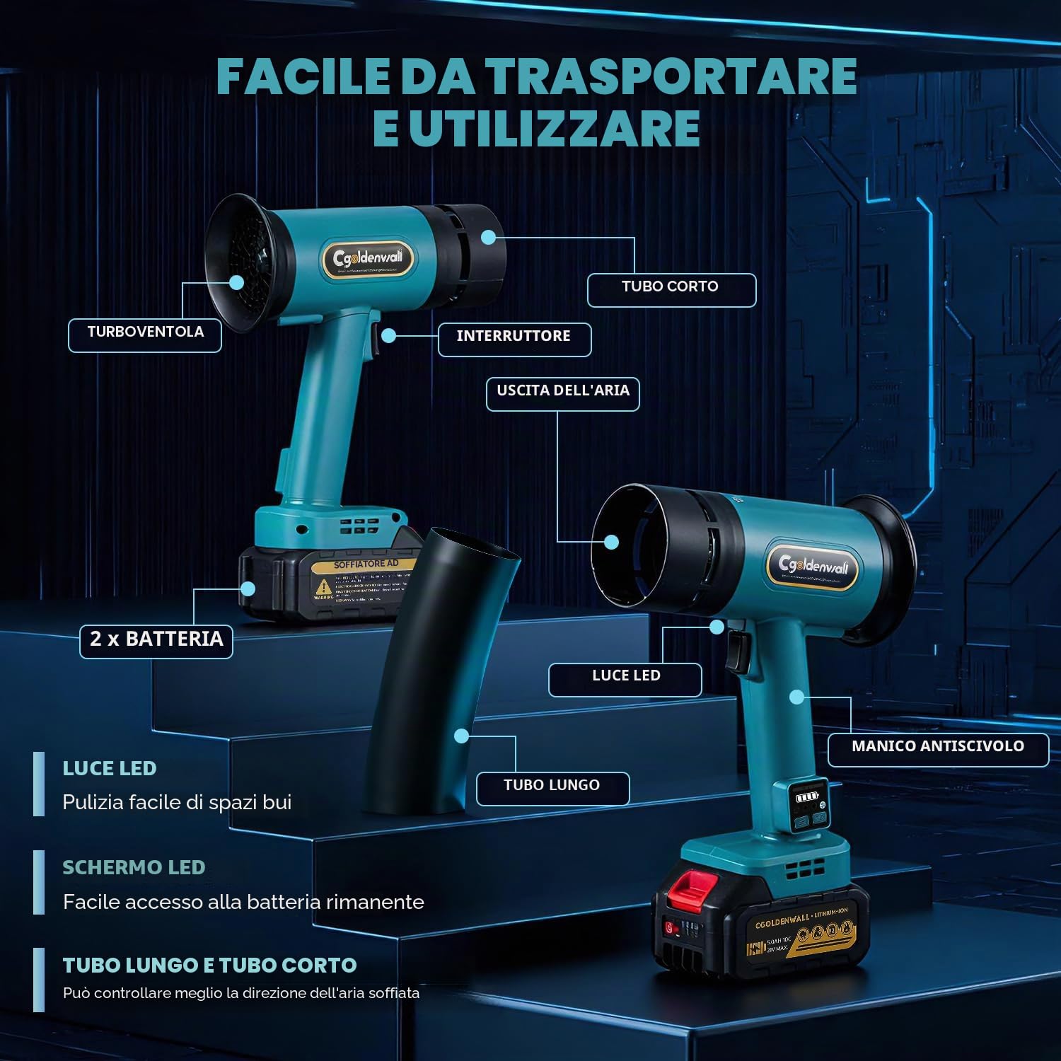 CGOLDENWALL Soffiatore a Batteria 21V, Soffiatore Foglie con 2 Batterie da 4.0 Ah, Motore da 60000 giri/min, 4 Velocità Regolabili, Portatile per Giardino, Patio, Auto e Pulizia della Neve