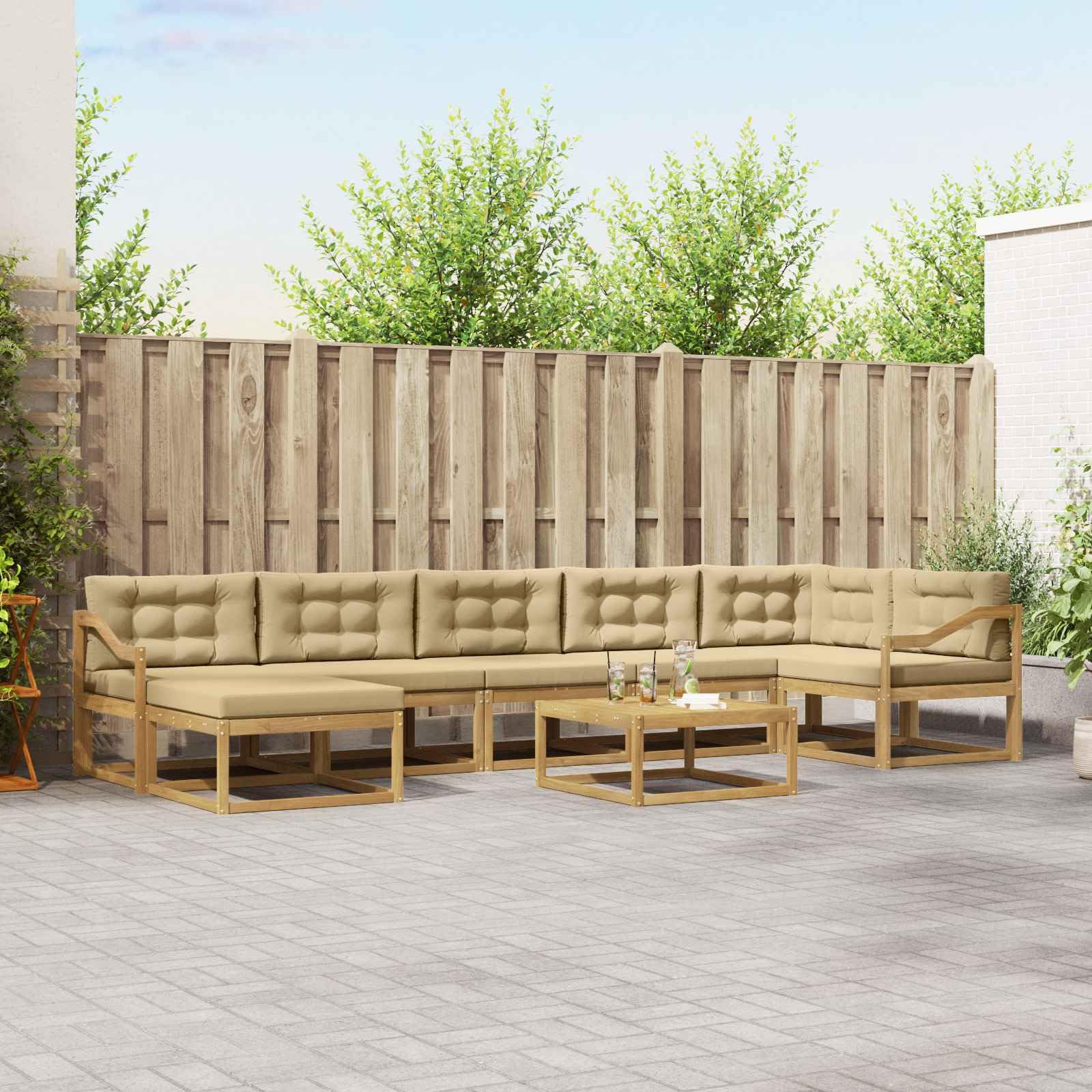 Gartenmöbelgarnitur 8-teilig aus massivem Akazienholz wetterfest für Terrasse Balkon und Garten, modulare Sitzgruppe mit Tisch, Hockern, Sofas