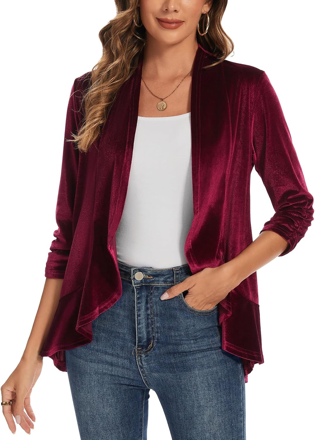 LADI TREND Velvet Cardigans for Women's Ruched 3/4 Sleeve Open Front Collarless Ruffle Hem Velvet Cardigan