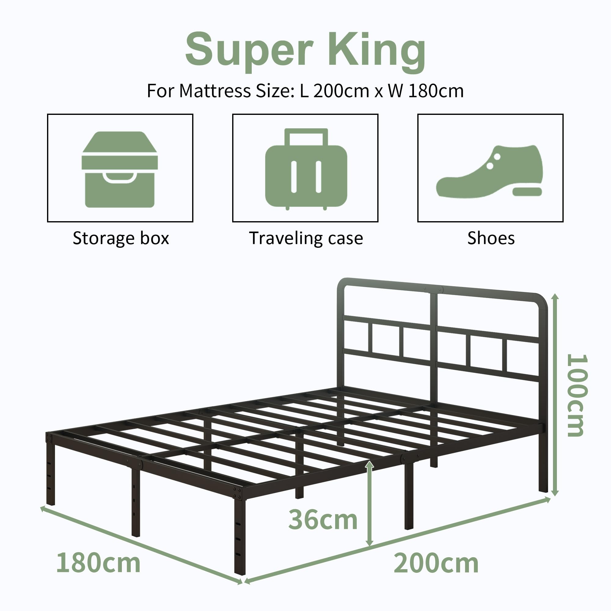 Lutown-Teen Metallbett 180x200 cm mit Kopfteil, Höhe 36cm Robust Metall Bettgestell mit Lattenrost, Bettrahmen 180x200 mit Großer Stauraum unterm Bett, Geräuschfrei, Einfacher Aufbau, Schwarz
