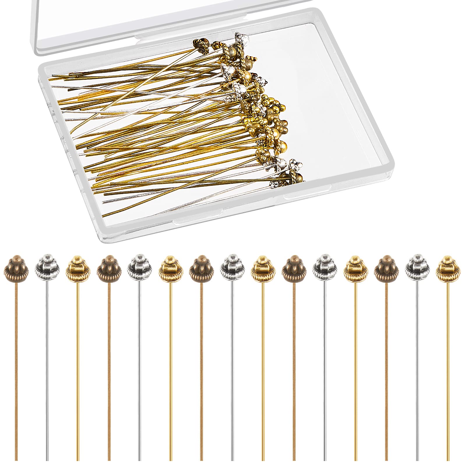 60 Pieces Head Pins for Jewelry Making Flower Beads Ball Pins 2.1 Inch with Clear Box for Jewelry Making Earring Bracelet DIY Accessories, Silver, 3 Colors(Modern Style)
