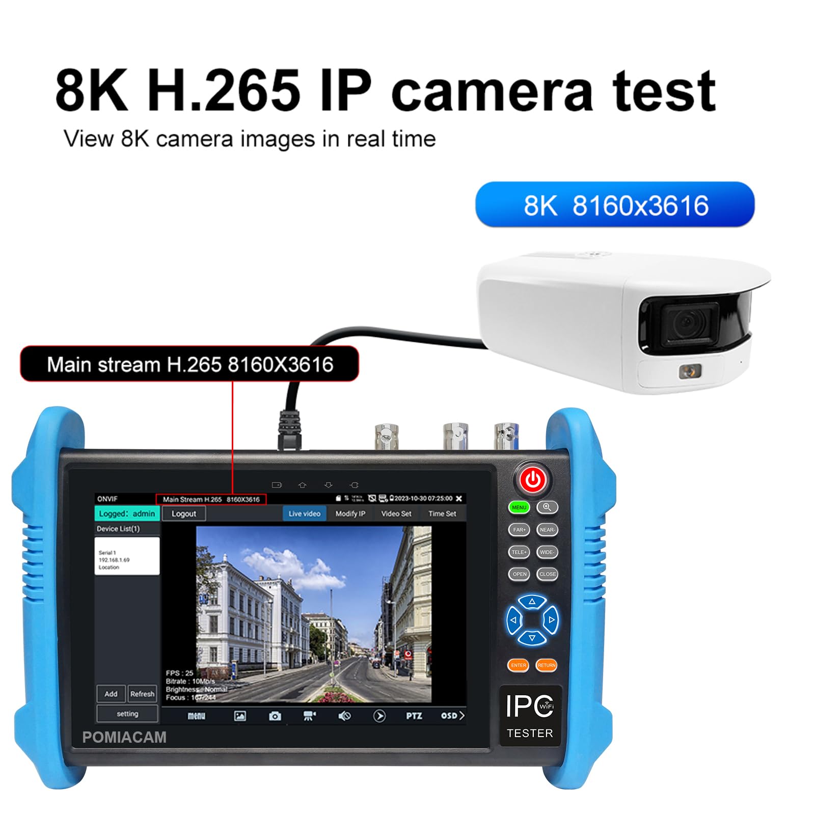 Tester CCTV 8K H.265 IP Camera Tester Monitor per telecamera TVI/CVI/AHD/SDI/CVBS da 8 MP con schermo da 7 pollici, con POE++ Max. 90 W, porta Gigabit SFP, ingresso/uscita HDMI, ingresso VGA