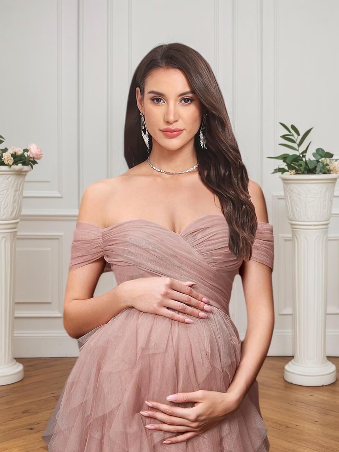 Off Shoulder Maternity Dresses Long Robe for Photoshoot Tulle Long Pregnancy Gown for Baby Shower - Image 3