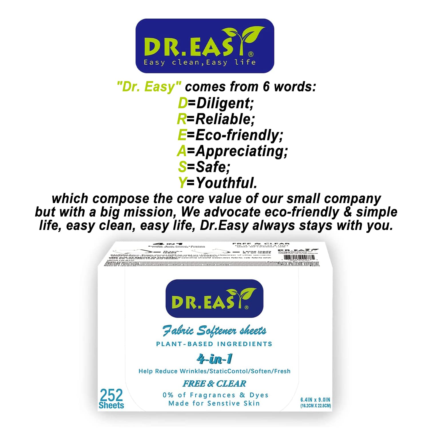 DR.EASY Dryer Sheets Plant Based Formula 252 Ct Fabric Softener sheets for Laundry Free & Clear Essential Oil Scented No Artificial Fragrances No Dyes Reduce Static & Wrinkles Help Repel Pet Hair