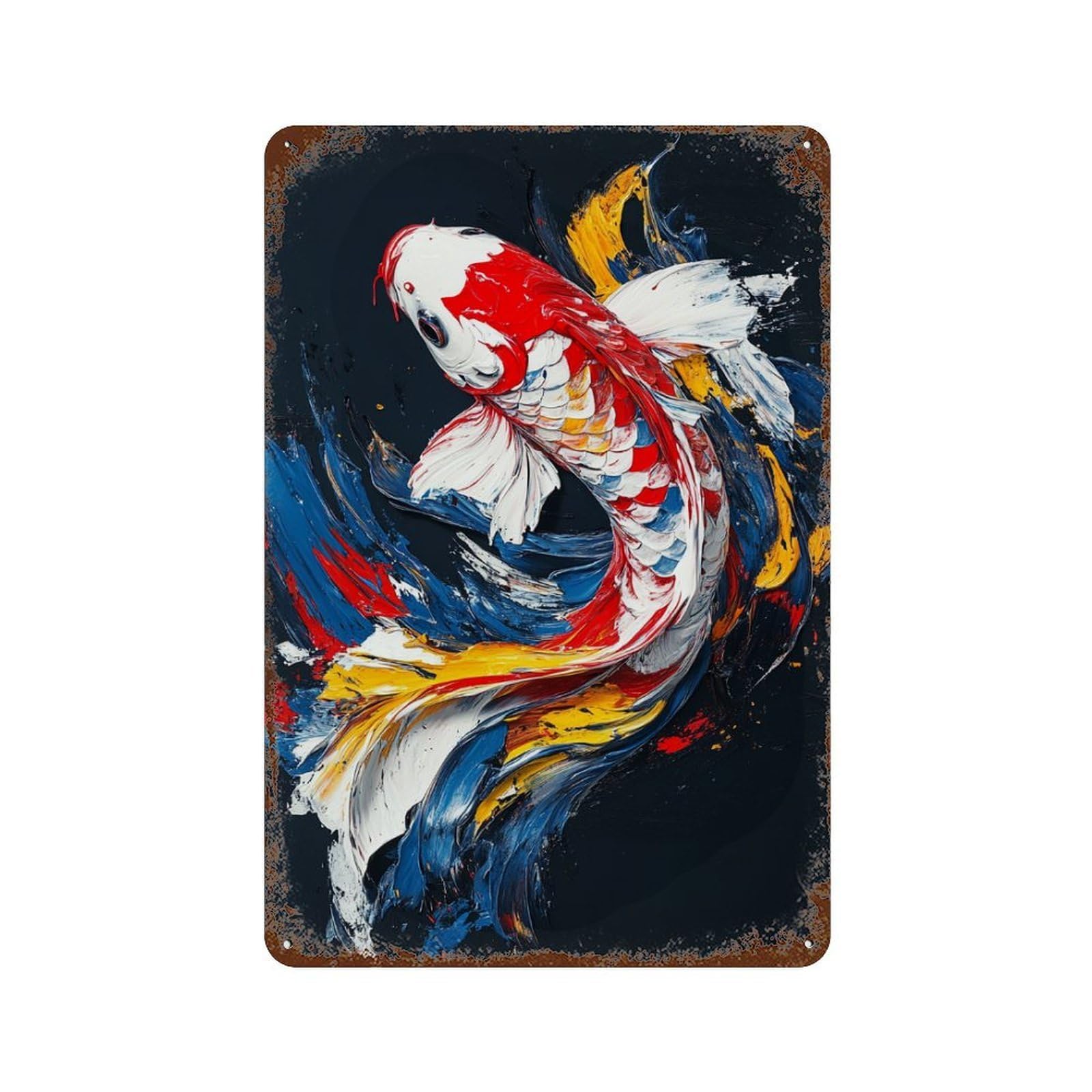 Colorful Koi Fish Painting-2 Rust Effect Tin Sign 11.8"x7.9", Farmhouse Wall Decor for Living Room, Hallway And Home Decor