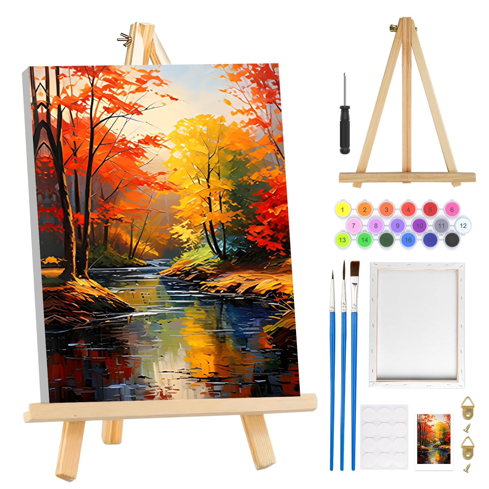 MOGTAA Autumn Paint by Numbers for Adults Beginners with Frame, Landscape Painting by Numbers for Adults with Easel, Easy DIY Fall Oil Painting Kits Art Crafts for Home Decor, 8x12in