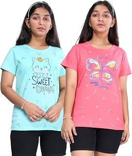 Zuniors Girls' Cotton T-Shirt Combo Pack of 2 | Half Sleeve Round Neck Tops with Cute Cartoon & Motivational Prints | Casu... Price In India