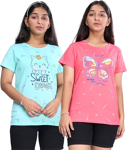 Zuniors Girls' Cotton T-Shirt Combo Pack of 2 | Half Sleeve Round Neck Tops with Cute Cartoon &amp; Motivational Prints | Casu...