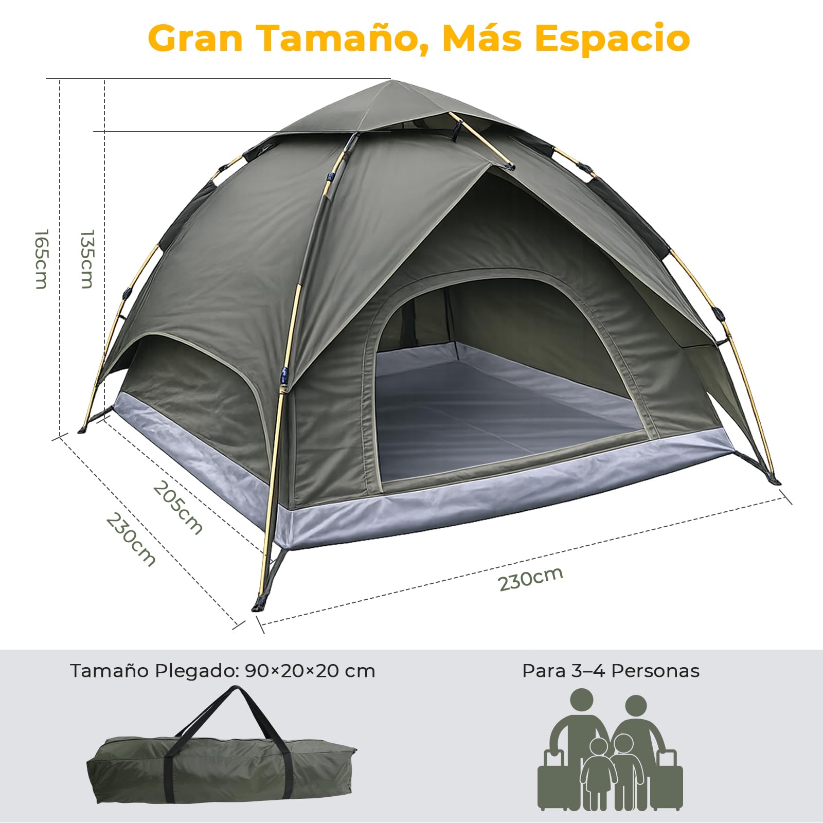 Tienda de campaña para 2-3 Personas, Tienda Domo autodesmontable con Tienda Exterior Desmontable, 230x230x165cm, Impermeable y Resistente al Viento, para acampadas, rutas en Moto y Festivales