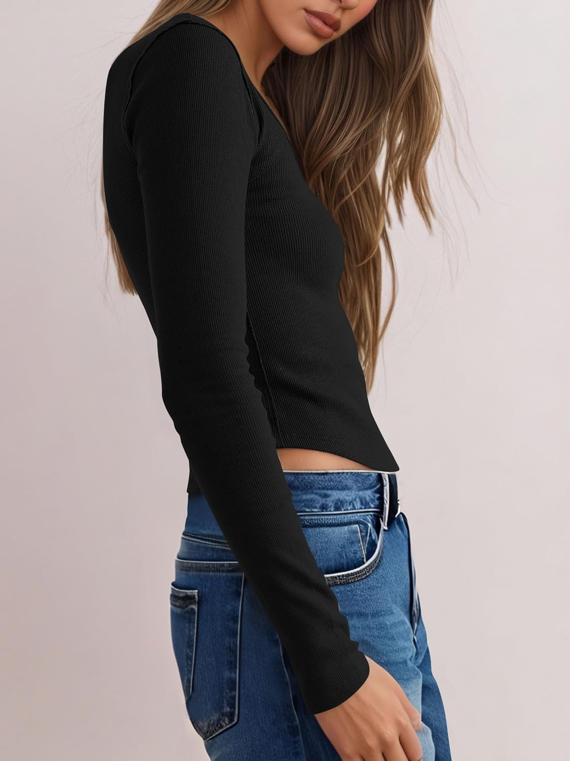 Yousify Womens Long Sleeve Shirts Square Neck Crop Tops Slim Fit Ribbed Knit Y2k Going Out Basic Tee Fall Workout Outfit - Image 3