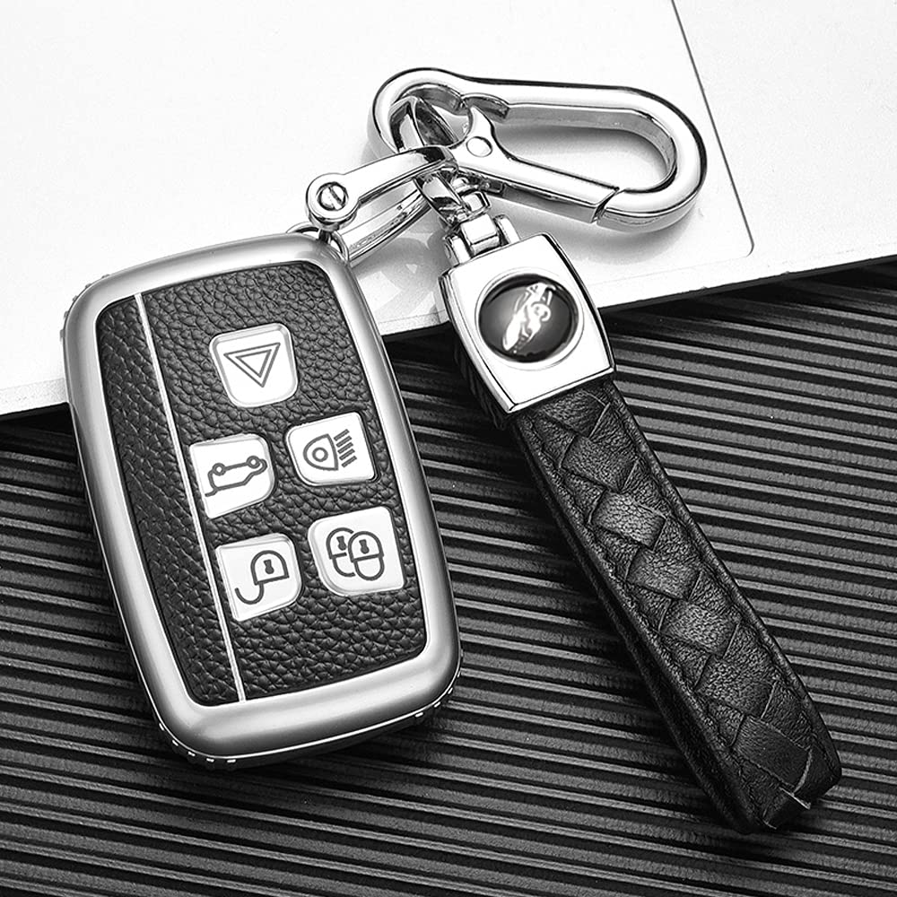 HIBEYO Custodia per Chiave Auto Range Rover in Carbonio TPU per Land Rover Sport Evoque Discovery LR4 Jaguar XF XJ XE F Type Keyless 5 Tasti Auto Cover Argento