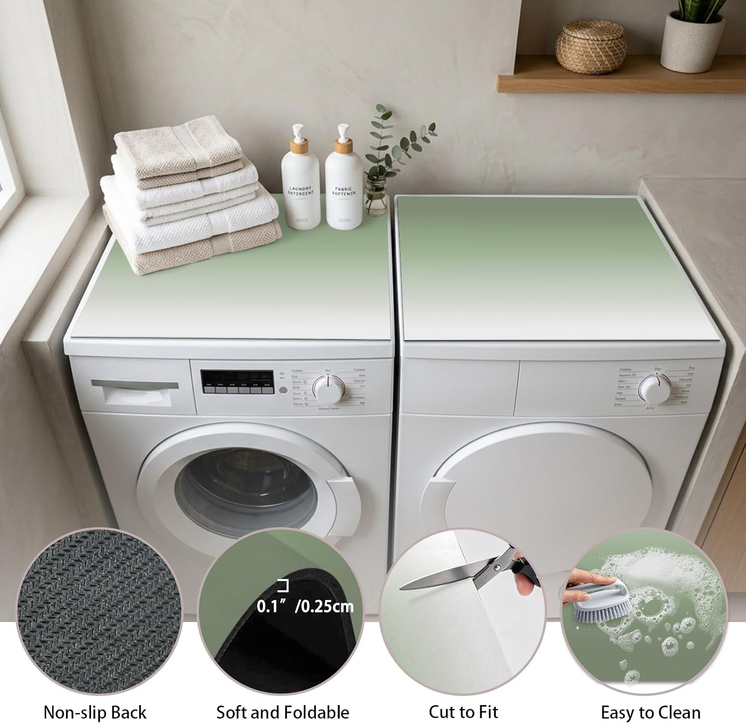Washer and Dryer Topper Protector Mat 23.6"x19.7", Sage Green Non-Slip Washing Machine Top Cover, Diatomite Dustproof Washer Dryer Topper for Laundry Room Organization Farmhouse Sage Green Ombre image 2