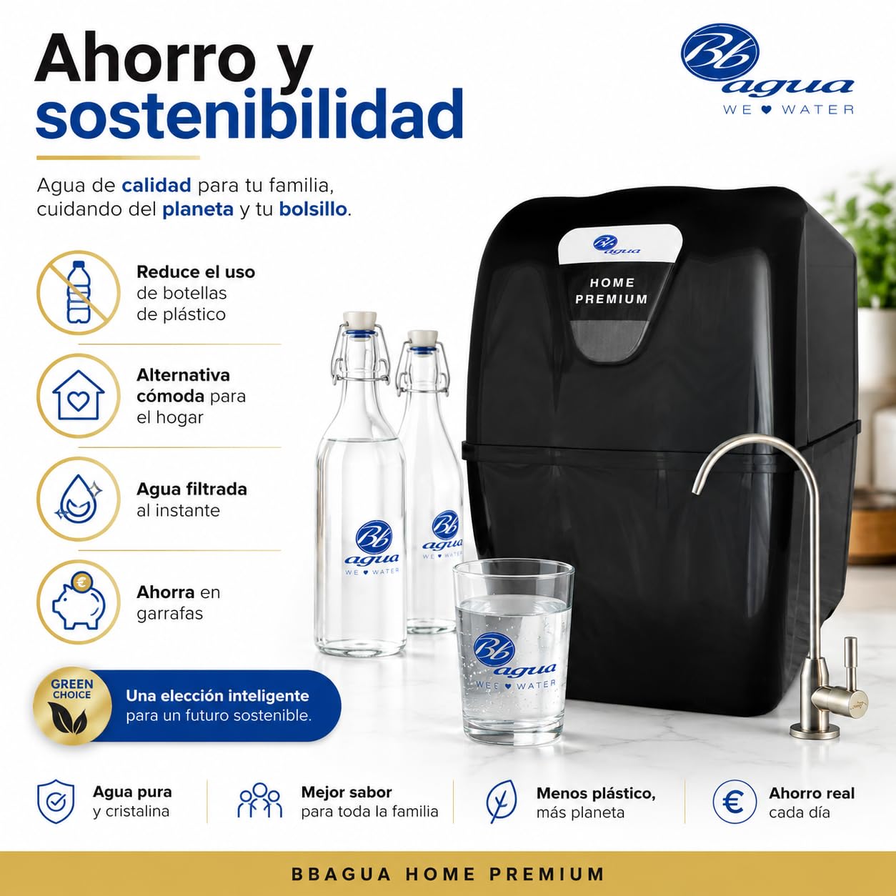 Bbagua Home Premium. Equipo de Osmosis Inversa Compacta de 5 Etapas, doméstico con Bomba de presión. Fácil Instalación bajo encimera y cambio de Filtros
