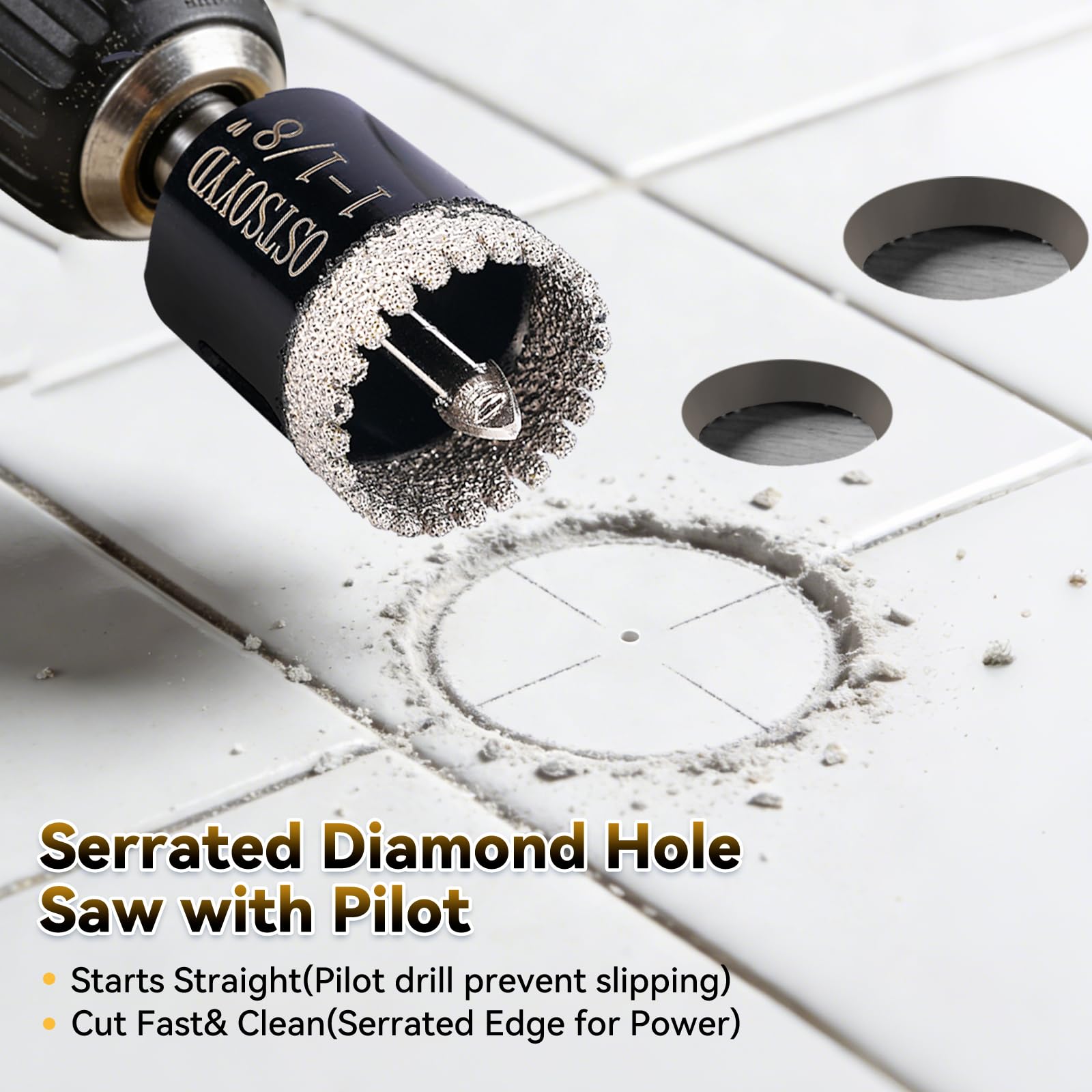 Sierra perforadora de diamante dentada con broca piloto, sierra perforadora con punta de diamante de 3 pulgadas para perforación precisa, para porcelana, azulejos, cerámica, granito, piedra, vidrio