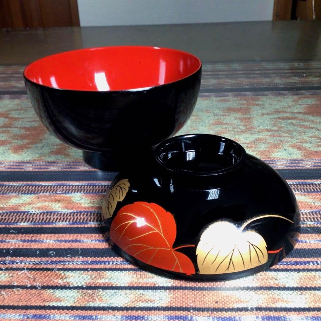 明治、大正期　会津塗　鉄錆塗　蒔絵　富士山　木製　蓋付き　お椀　梅鶯　内朱　5客 会津塗 蓋付 お椀 5客 お盆 明治、大正期 会津塗 鉄錆塗