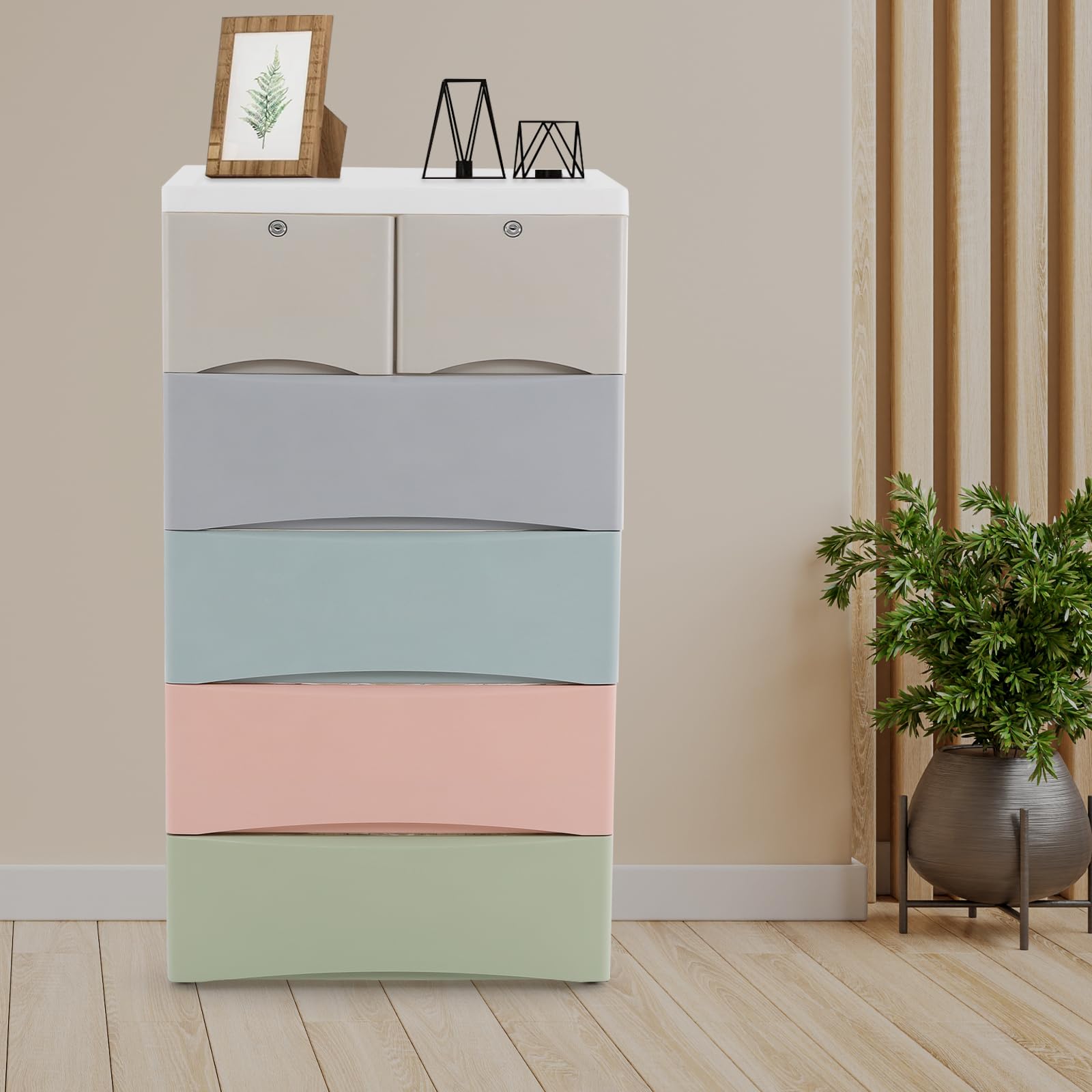 SuiYuLn 5 Tier Storage Dresser,Plastic Drawers Dresser,Multi-Functional Storage Cabinet with Wheel,Closet Drawers Tall Standing Dresser for Playroom,Bedroom Furniture (Macaroon-Colored)