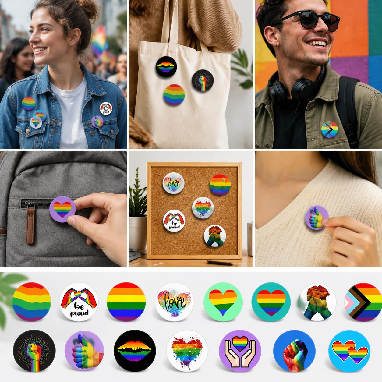 Insignias Orgullo Arcoíris 16 Piezas 44MM, Chapas LGBTQ con Puño Arcoíris, Pines Acero Inoxidable