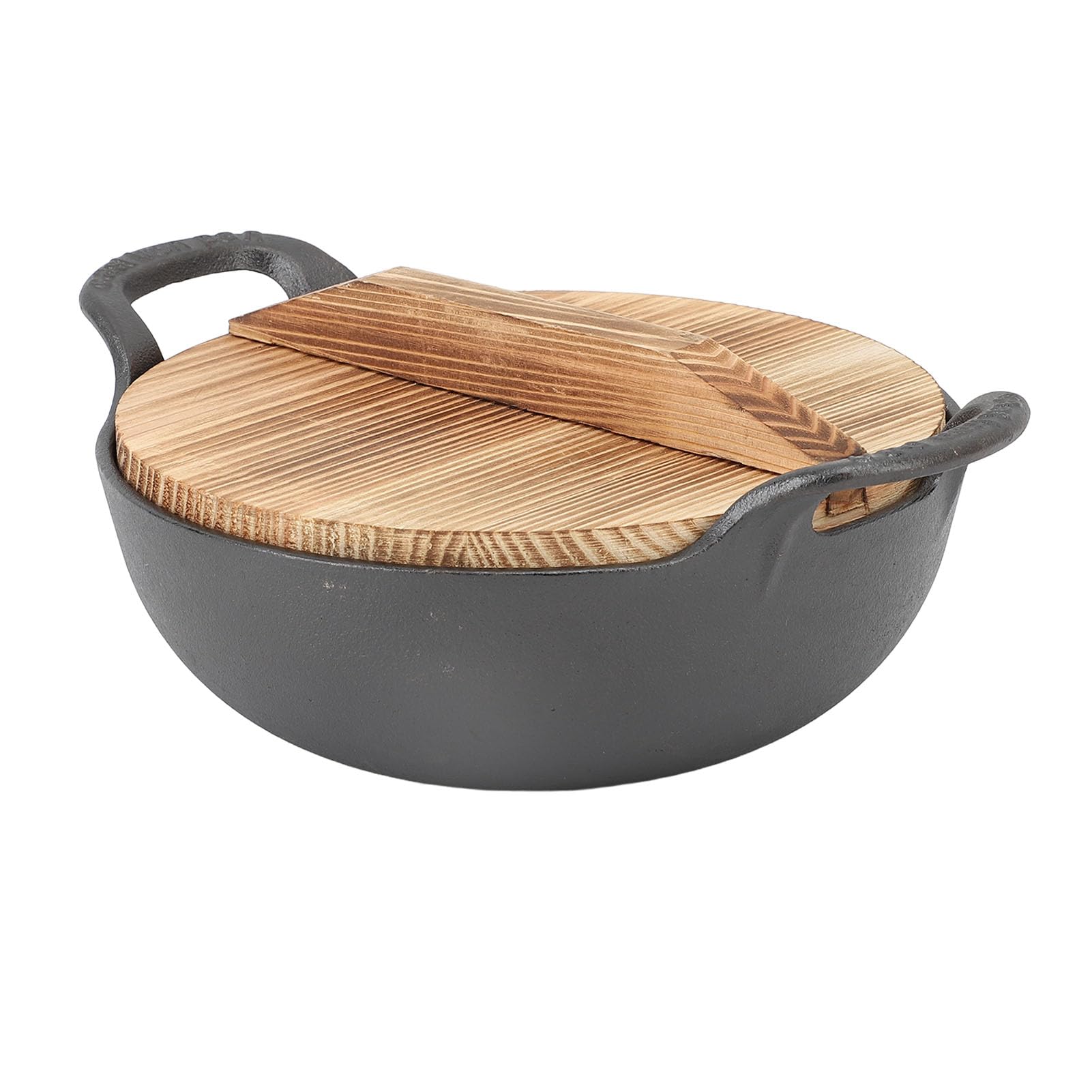 Wokpan van gietijzer met 2 handgrepen en houten deksel, traditionele Chinese wok, niet gecoat, diepe pan met platte bodem voor elektrische fornuizen, inductie en gasfornuizen, voor