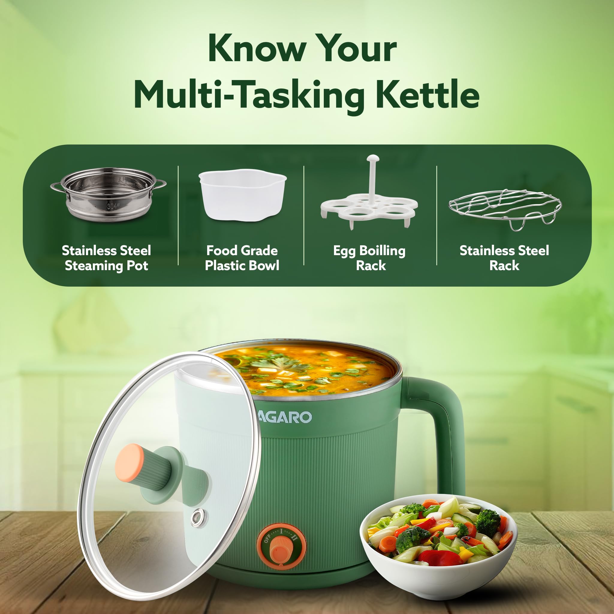 AGARO Regency Multipurpose Kettle With Steamer, 1.2L Inner Pot, Double Layered Body, Variable Temperature Settings, Wide Mouth, Boiling, Steaming, Tea, Coffee, Egg, Vegetable Boiling, 600W, Sea Green 4