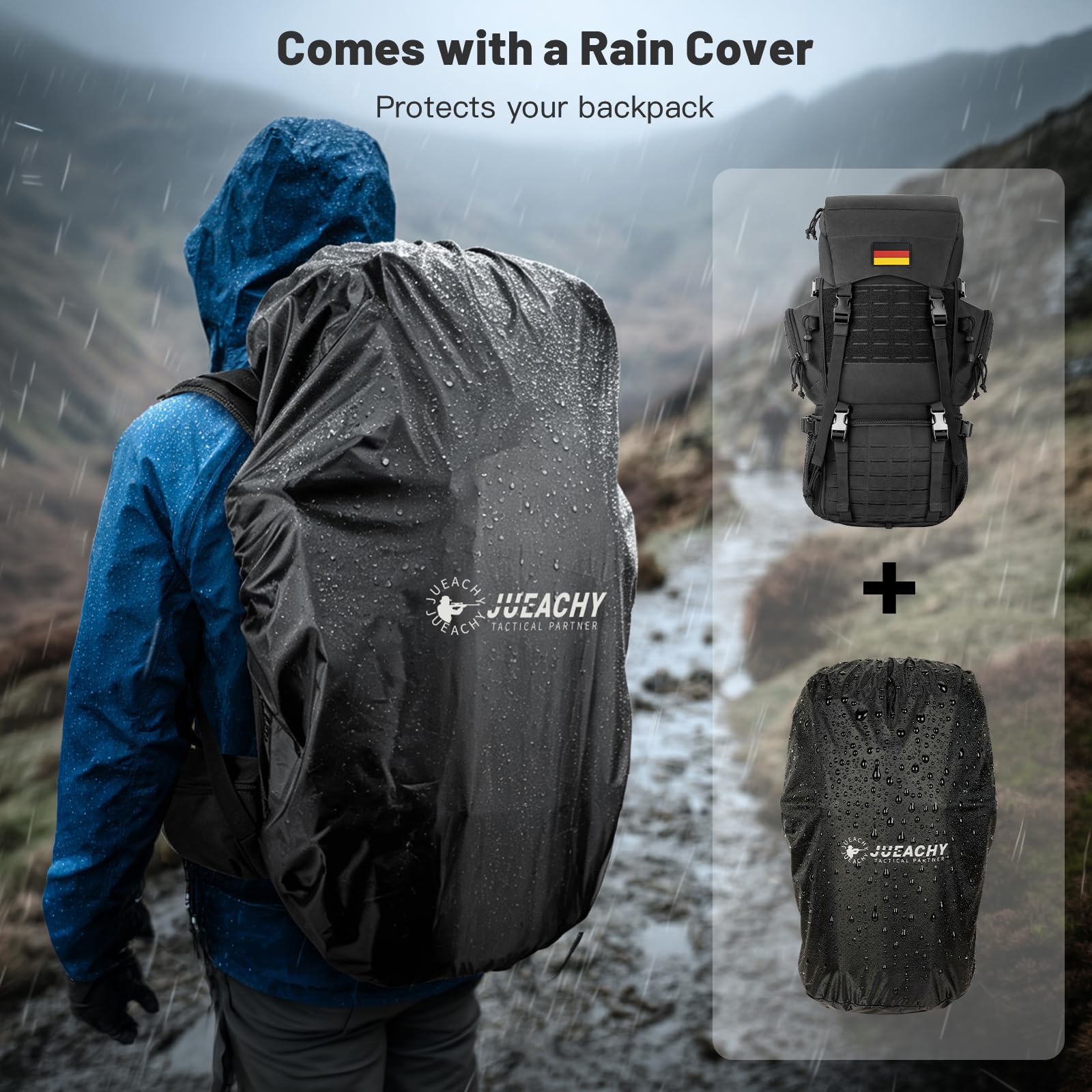 Jueachy Wanderrucksack Rucksack Herren 50L Wasserdicht mit Regenschutz | Reiserucksack Groß Wander Rucksäcke Militär Taktische Molle Rucksack CampingRucksack Travel Backpack Outdoor Trekkingrucksack