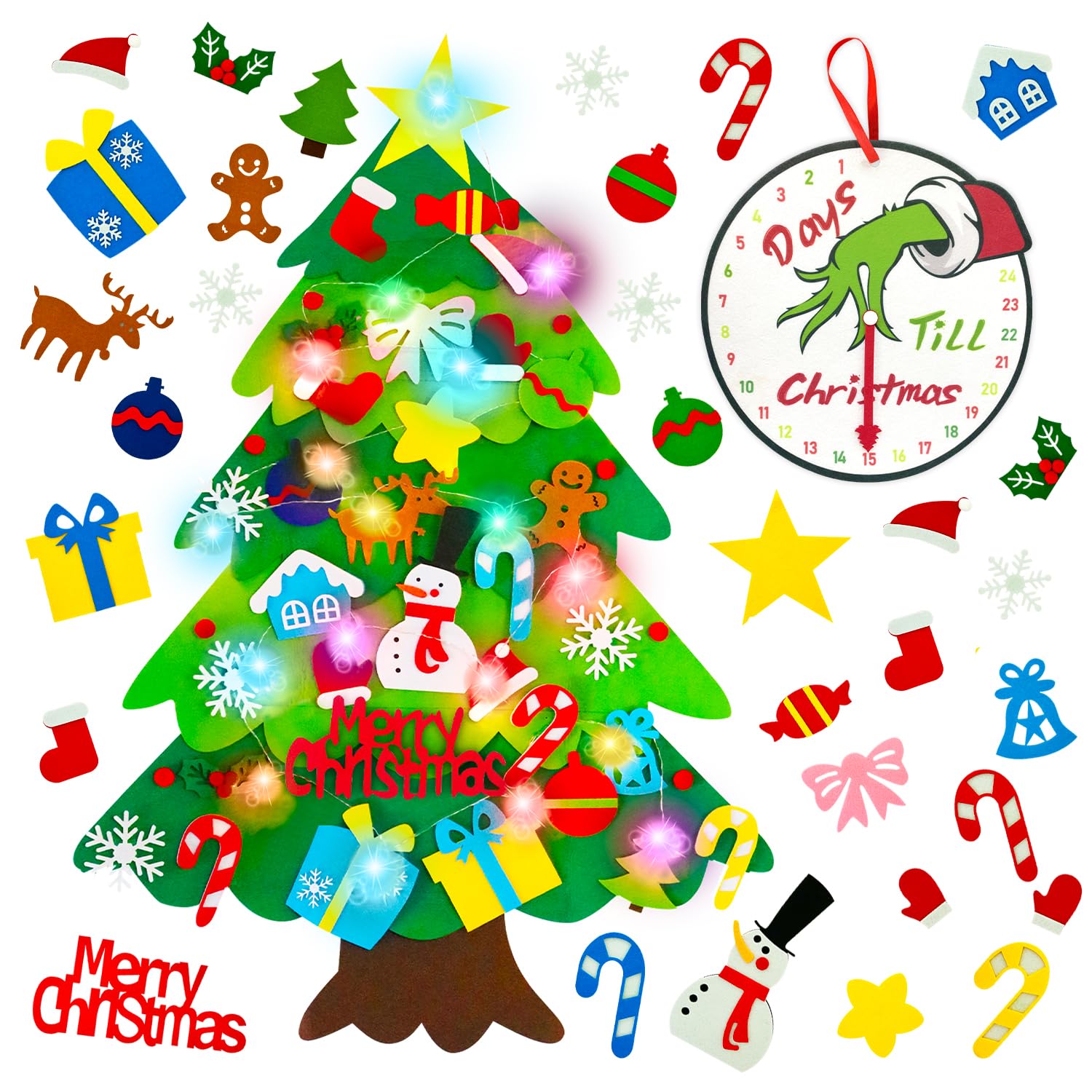 Felt Christmas Tree for Toddlers, 3.3 FT Felt DIY Tree Set for Kids Wall with Lights + Green Hand Advent Calendar + 32 Ornaments, Indoor Christmas