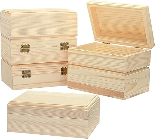 Paquete de 6 cajas de madera rectangulares sin terminar de madera de pino para manualidades, tapa magnética con bisagras (5.5 x 3.5 x 1.9 pulgadas)