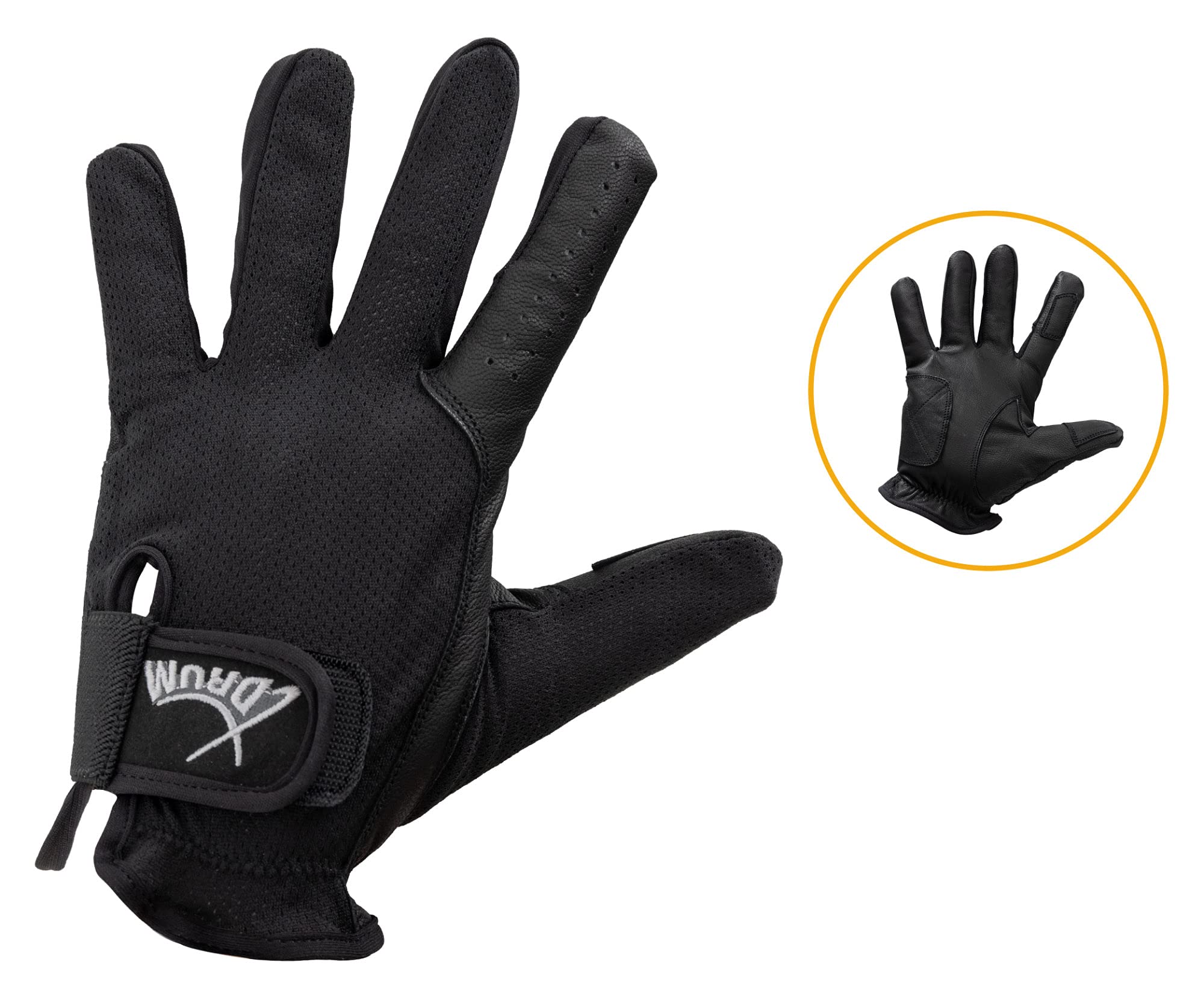 XDrum Gants De Batterie DGL-5F Taille L - Gants De Batteur pour Hommes - avec Doigts Longs - en Cuir Souple - Extérieur en Mesh - Noir