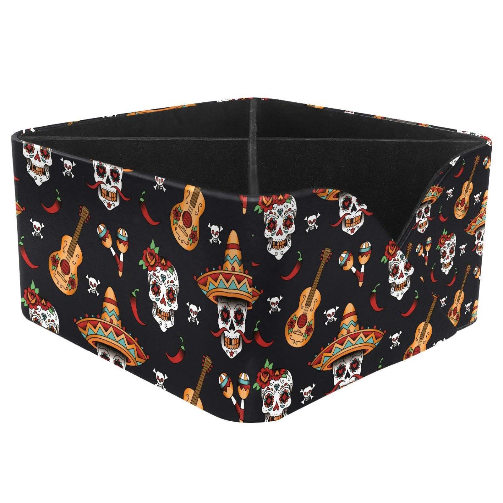 KengjuTesu Day of the Dead Suger Skull Chili Pepper Guitar Desktop Organizer Pen Holder, Rectangular Pencil Cup for Office, Study and Makeup Stations