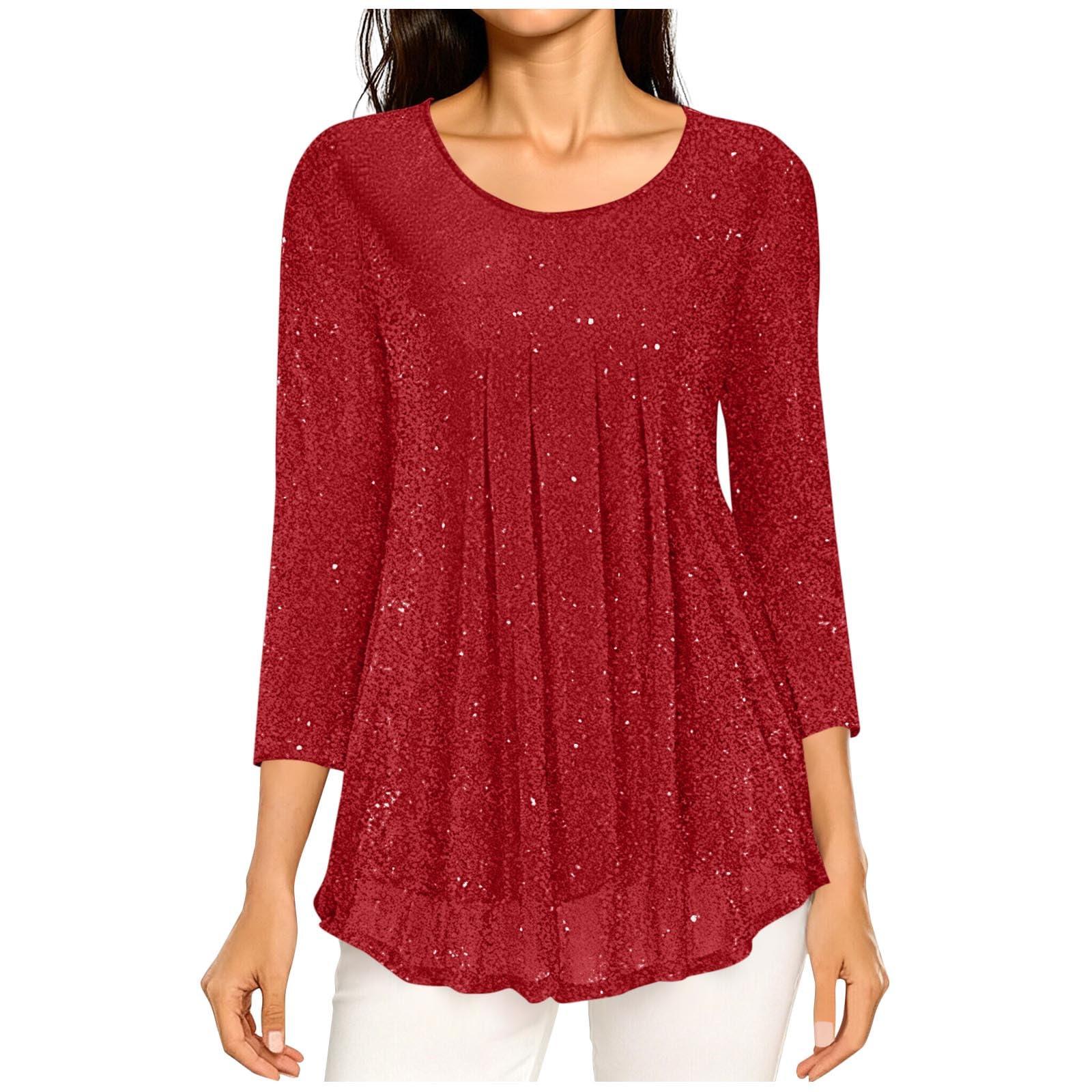 Blusa de lentejuelas para mujer, elegante, manga 3/4, brillante, doble capa, de malla, estilo casual, cuello redondo, plisada, camiseta moderna y elegante, para fiesta, blusa holgada