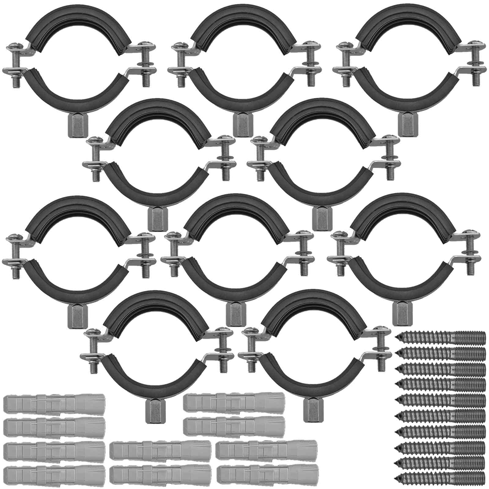 MegaHaustechnik Edelstahl VA Set: 10 Stück Rohrschellen mit Spannbereich 80 bis 86mm Rohr-Außendurchmesser, mit Schallschutz Gummi-Einlage, inklusiv passende Stockschrauben M8 + Dübel 10mm