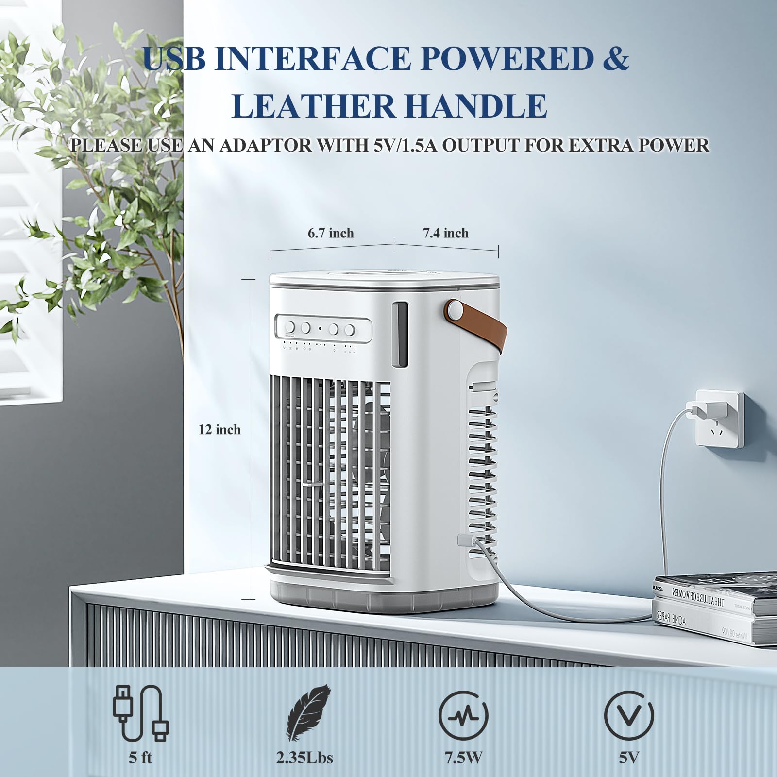 Aire acondicionado portátil, mini enfriador de aire evaporativo 3-1 con control remoto, tanque de agua de 1.2 L y 2 cajas de hielo, temporizador de 7 horas, carga USB, 3 velocidades y 7 luces de 5
