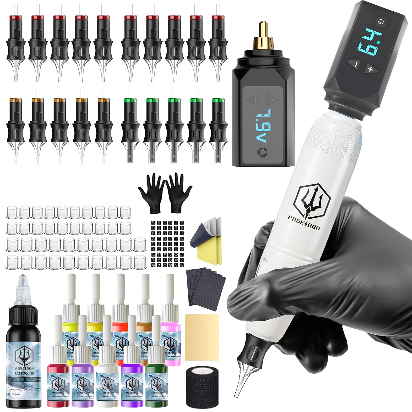 Poseidon プロ仕様のタトゥーペン POSEIDON Cordless Rotary Tattoo Machine Kit with 20 Cartridge