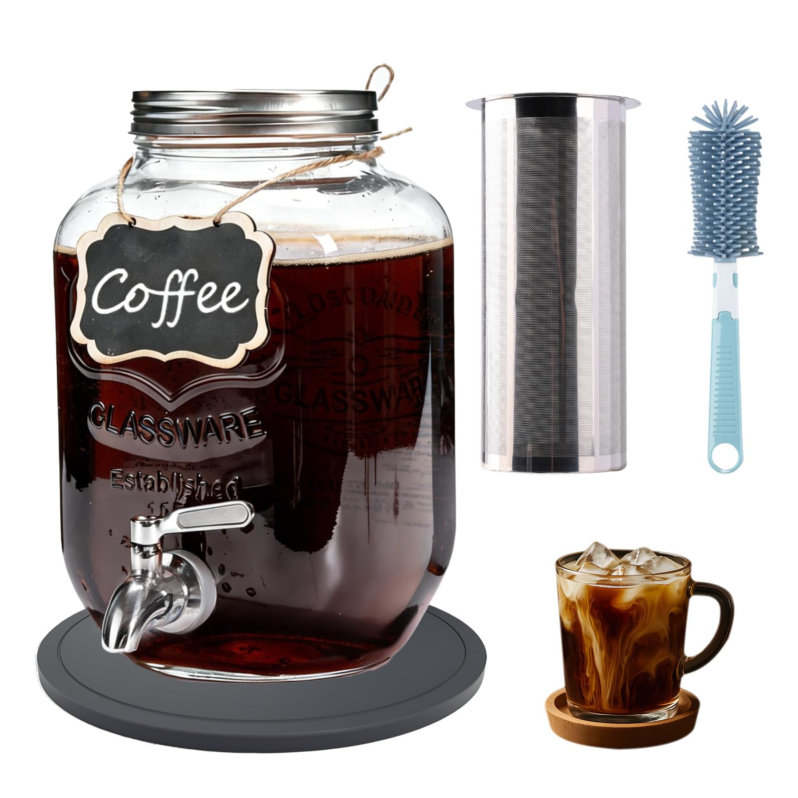 Cold Brew Coffee Maker With Silicone Mat, Cold Brew Pitcher,1 Gallon Glass Pitcher With Stainless Steel Filter,304 Stainless Steel Leak-Proof Spigot,Large Iced Coffee Maker for Home, Easy to Use