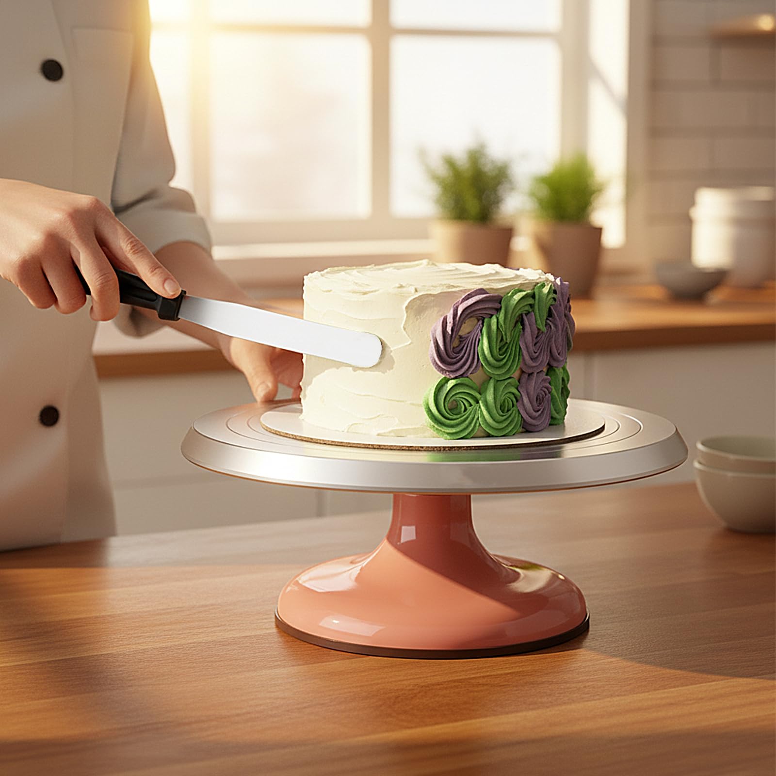 Plateau tournant à gâteau de 30,5 cm, support rotatif en alliage d'aluminium avec 3 spatules à glaçage | Kit de décoration de gâteau