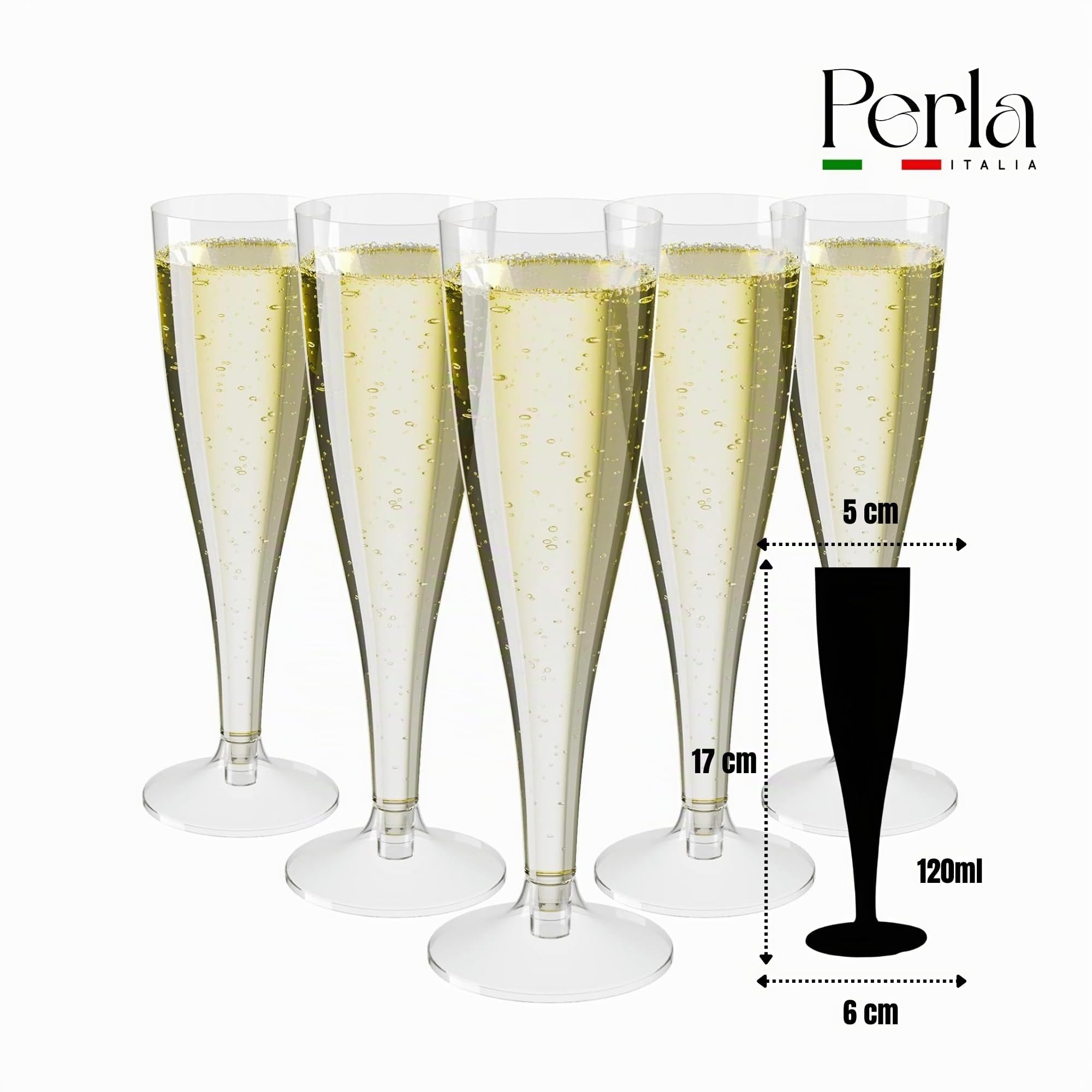 Perla - 144 Flute da Champagne Eleganti in Plastica - 120ml - Calici Trasparenti - Resistenti e Riutilizzabili - Bicchieri da Brindisi per Feste Compleanni Matrimoni Natale Capodanno