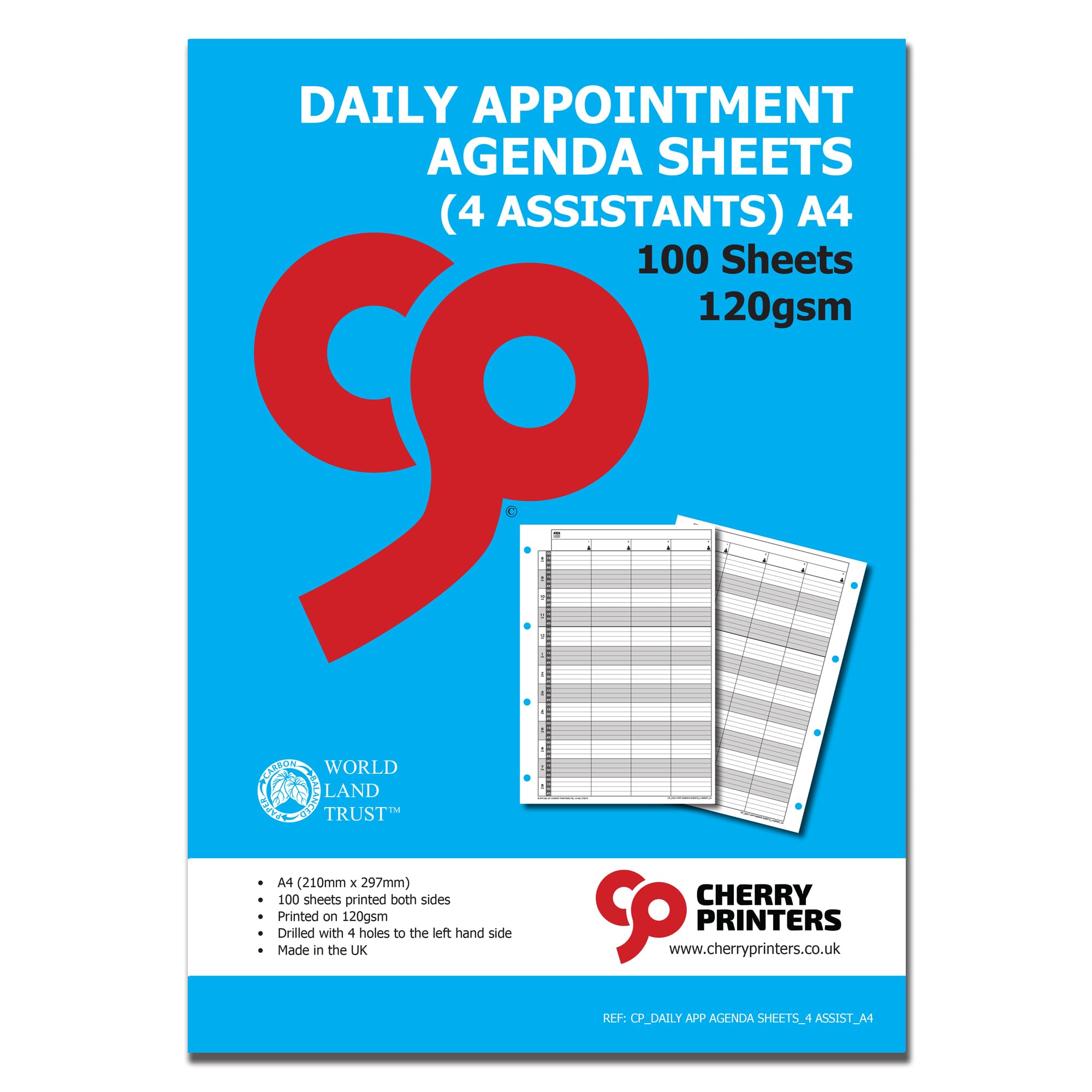 Cherry Printers Daily Appointment Agenda Sheets | A4 4 Column Salon Assistant Schedule | 100 Double-Sided Pages | 120gsm Thick Paper | Hole Punched for Binders | Time Slot Diary for Clinics & Beauty