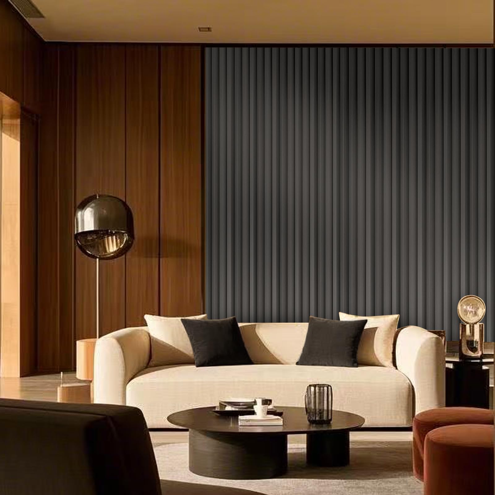 ouzugie wpc acoustic slat wall paneling, 8-pack 114 x 6 inches 3d wall panels for interior wall decor,living room,tv background,study room,office spaces,bedroom,high grille (metallic dark gray)
