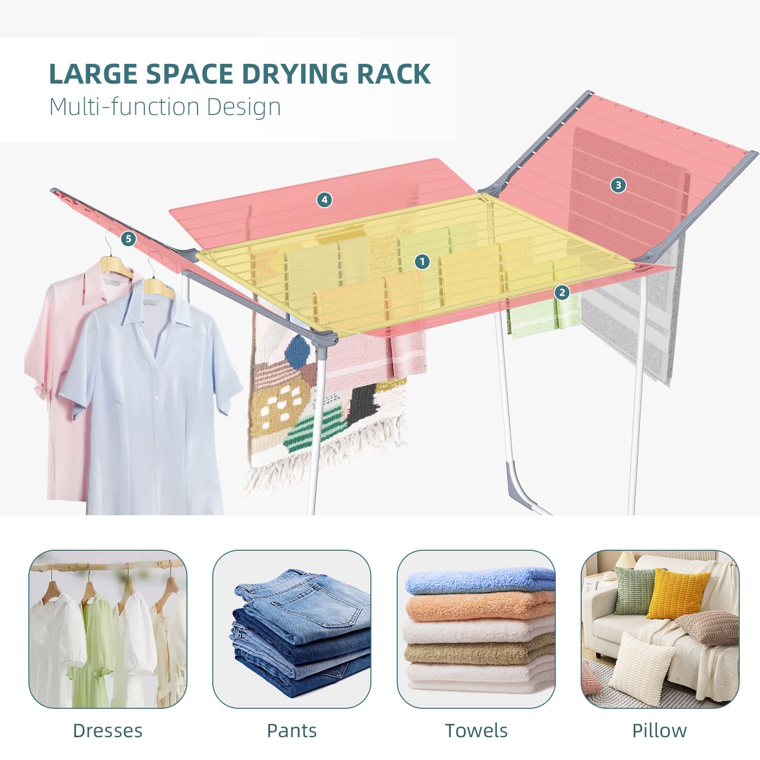 Séchoir à linge pliable avec 10 clips et 2 étagères à chaussures, égouttoir pliable pour vêtements, serviettes, 106,7 x 165,3 x 107,4 cm avec 4 ailes de mouettes, intérieur/extérieur (blanc)