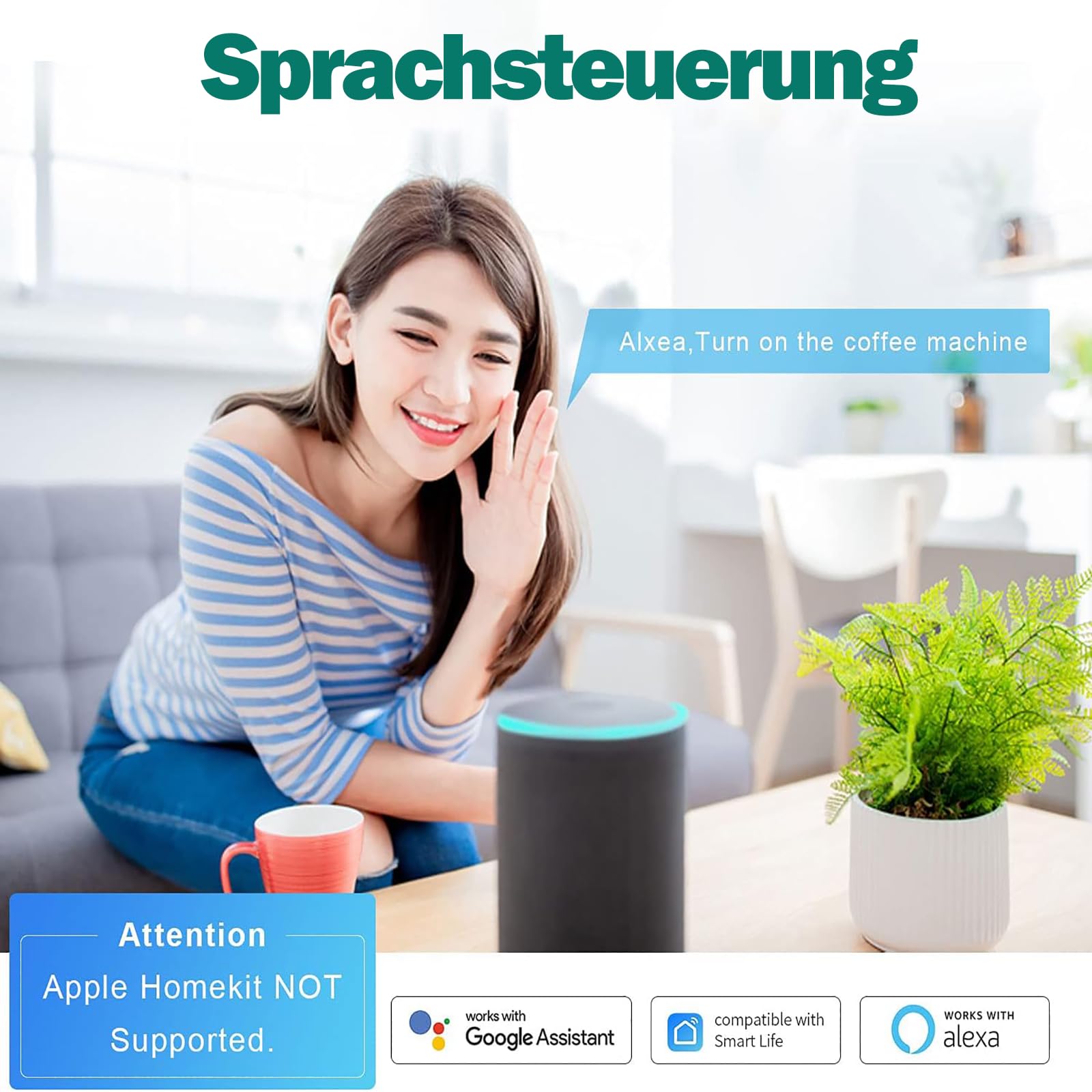 UseeLink Smart - Regleta con 4 enchufes de 16 A, 3 puertos USB y 1 conector tipo C, enchufe múltiple conmutable individualmente, compatible con Alexa, Google Assistant, Smart Life, Tuya acceso remoto