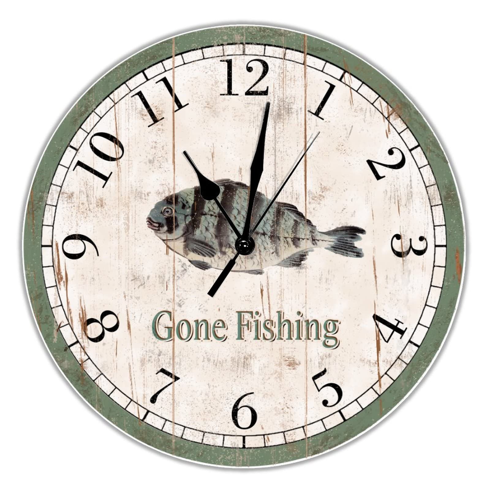 BYRON HOYLE Gone Fishing Wooden Wall Clock Sand Steenbras Hanging Wall Clock Summer Anchor 15 inch Silent Movement Battery Operated Vintage Farmhouse Clock For Home Living Room Bedroom Office Hotel