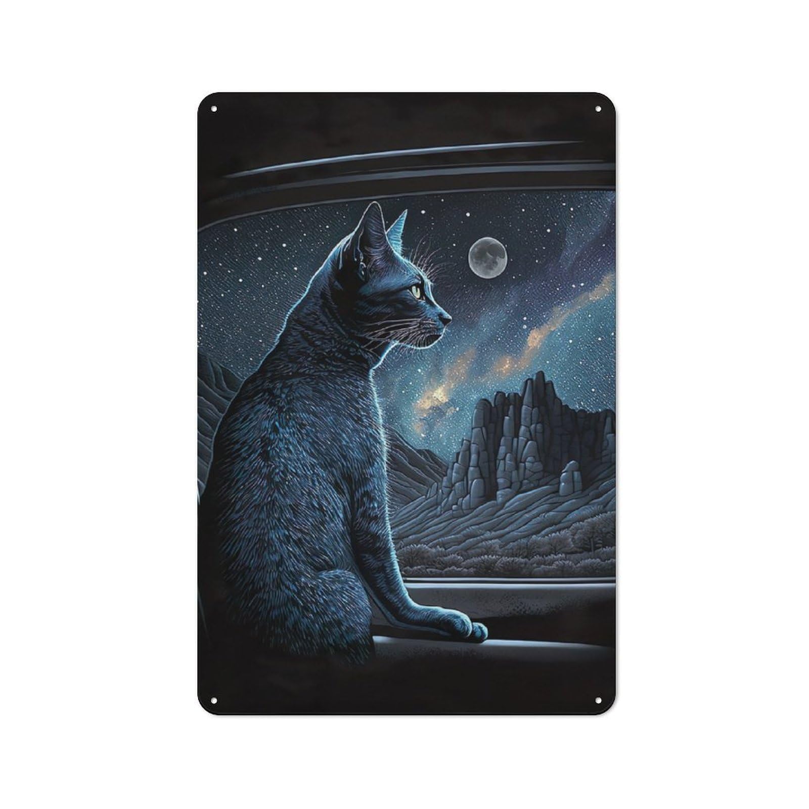 Junmoney Moonlight Cat Painting Metal Plaque 30X20cm With For Workshop Wall, Retro Decor, For Garage, Workshop And Man Cave Decoration