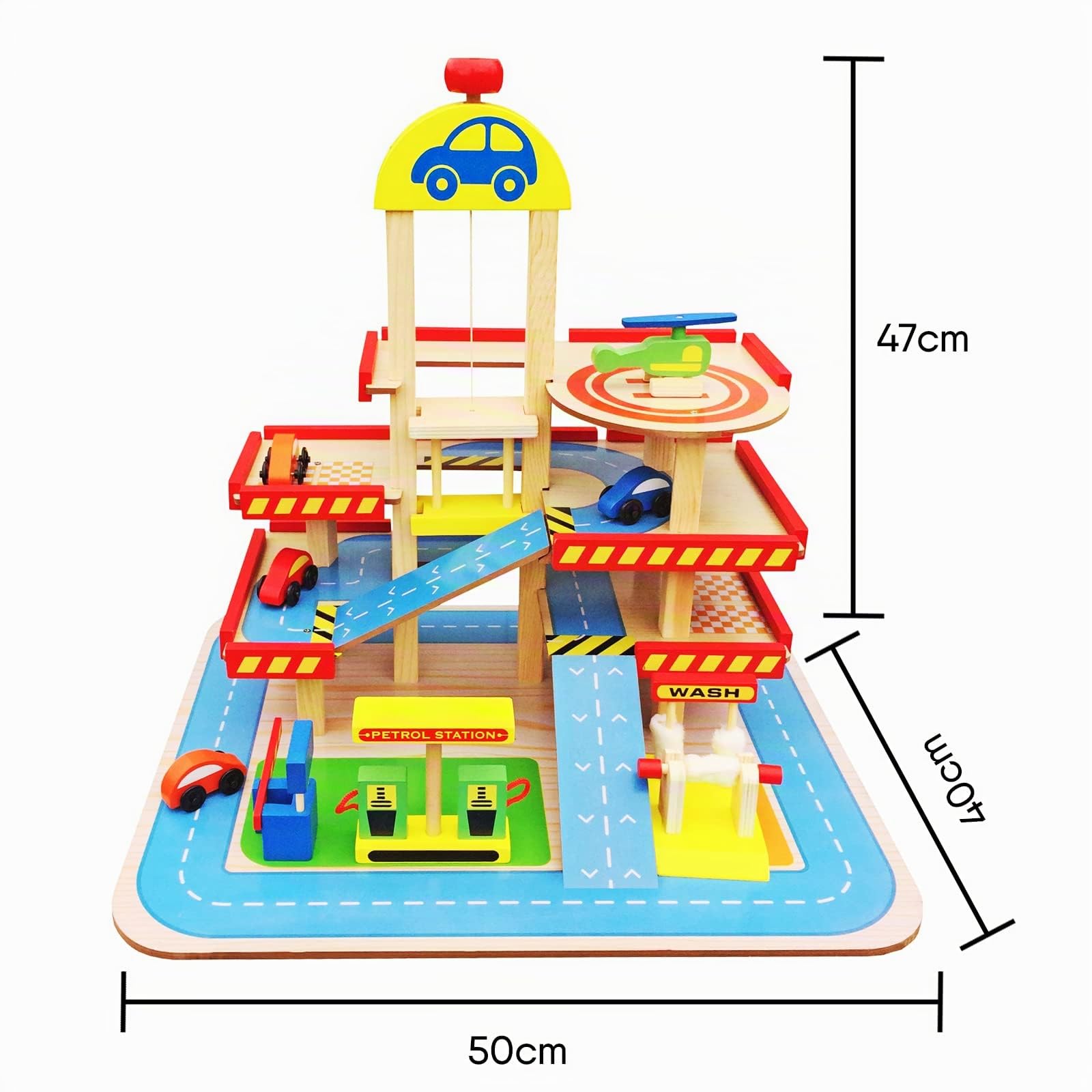 Maison DE Parking pour Enfants de Balinco, Garage à 3 étages, Ascenseur, billetterie, Station de Lavage, Station-Service, 4 Voitures, hélicoptère - Jouets en Bois dès 3 Ans