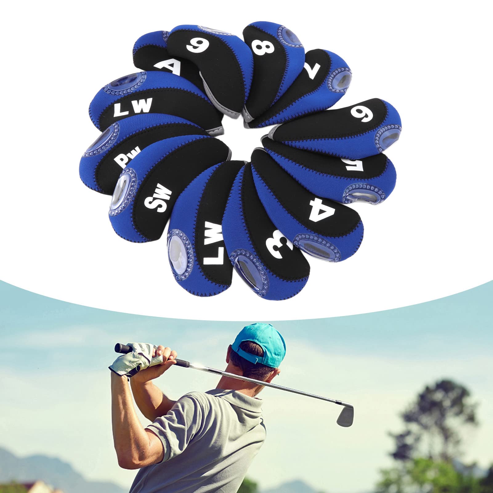 Couvre Têtes De Clubs De Golf 12 Pièces, Couvre Têtes De Protection Numérotés pour Poteaux De Fer,Couvre Fer Golf(Bleu Saphir Noir)