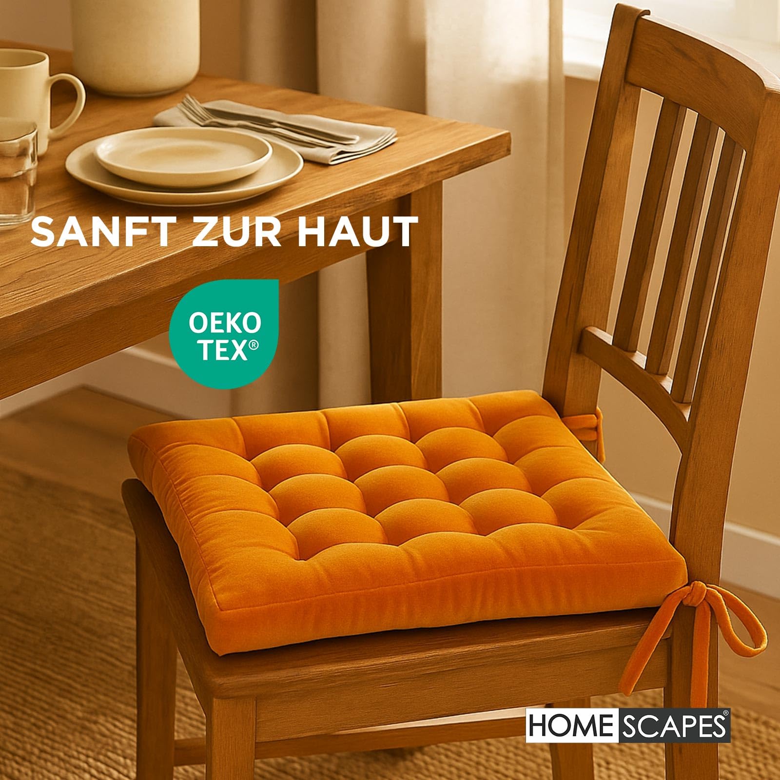 Homescapes 4er Set Sitzkissen Samt orange – Stuhlkissen 40x40 mit Bändern, Sitzauflagen Baumwollsamt, bequem, weich & Oeko-TEX-Zertifiziert