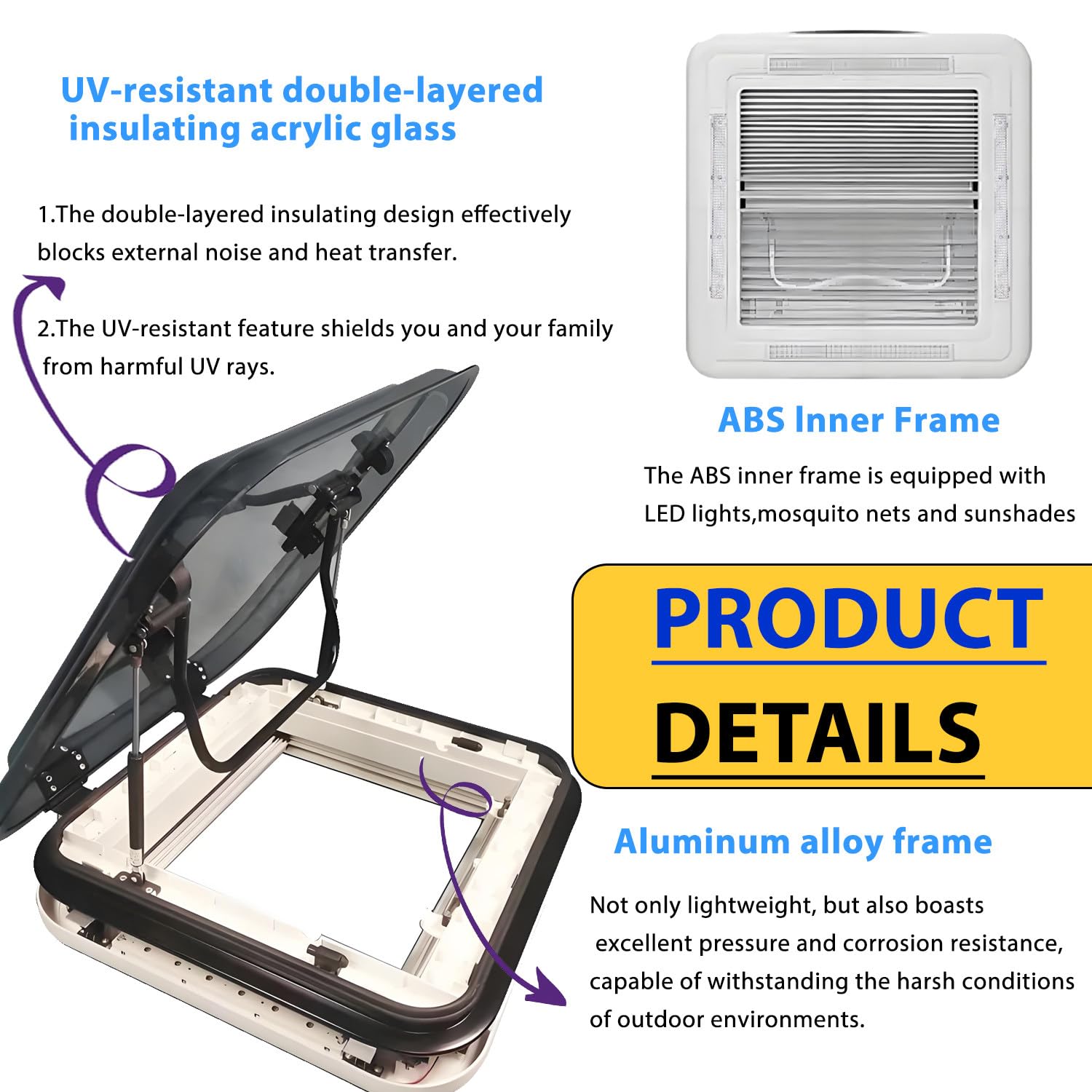 Claraboya para RV de 500/700/800 x 500 mm, Resorte de Gas de aleación de Aluminio de 70 Grados, Cubierta acrílica Hueca, trampilla de Escape para ventilación de Techo 31.5 * 19.69in