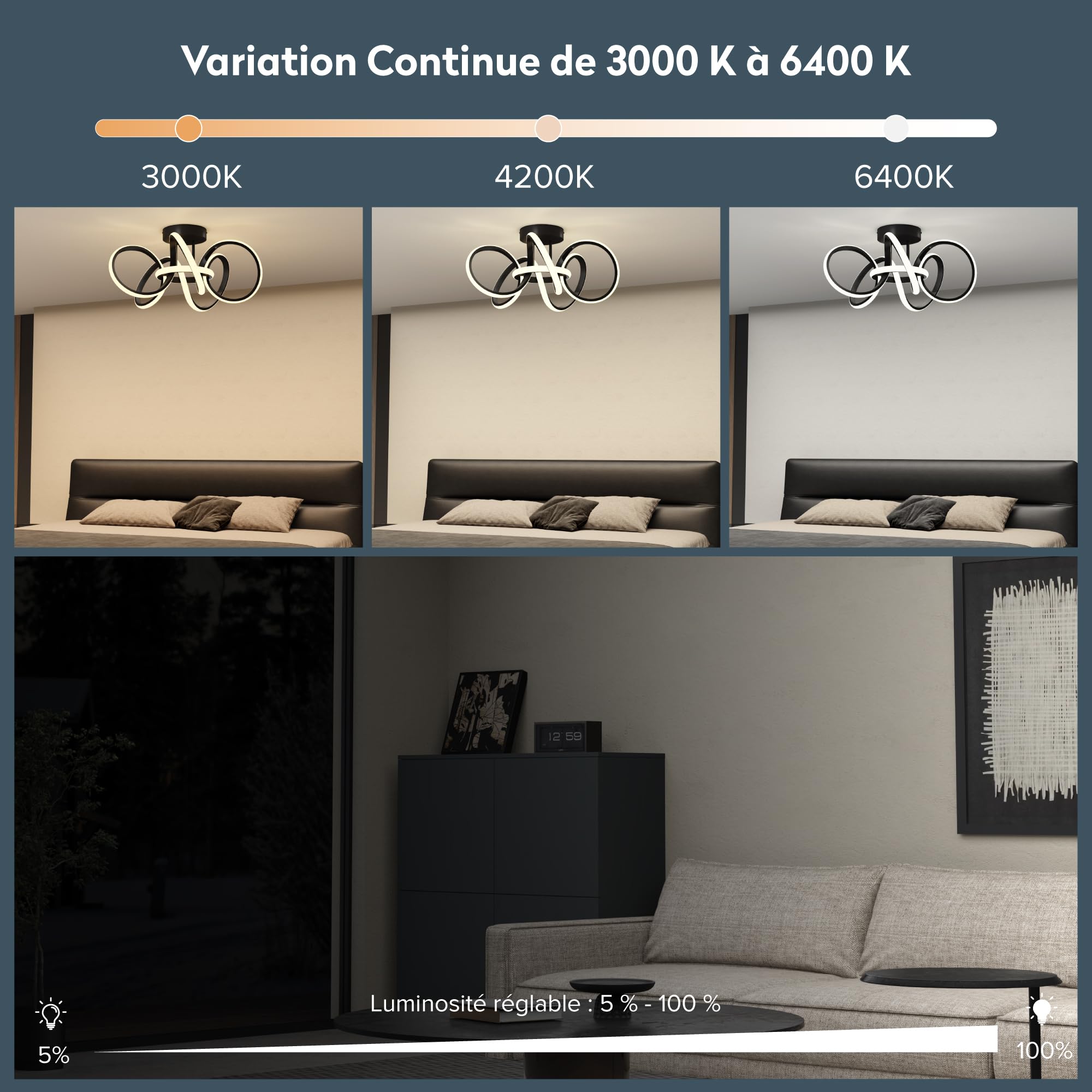 doporro Plafonnier LED Dimmable Lampe Plafond Noir 65W 3740LM Éclairage de Plafond Luminaires Intérieur Couloir Salle de Bain Cuisine 3000K-6400K avec Télécommande Alivetta25035