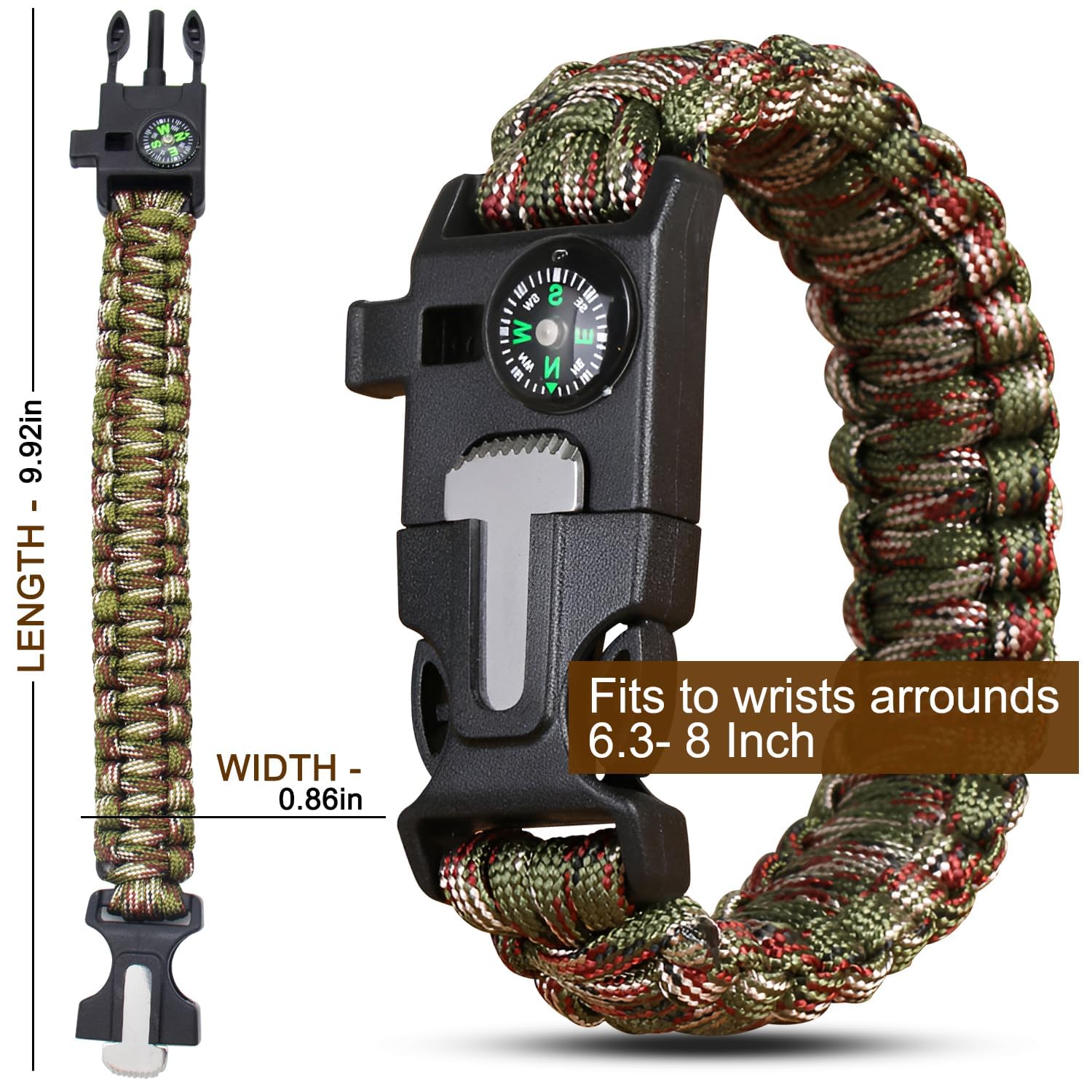 Pulsera de supervivencia de paracord 2 piezas, 5 en 1, cuerda de 3,5 m, piedra de fuego, brújula, silbato, mini cuchillo, ajustable al aire libre, senderismo, Trek