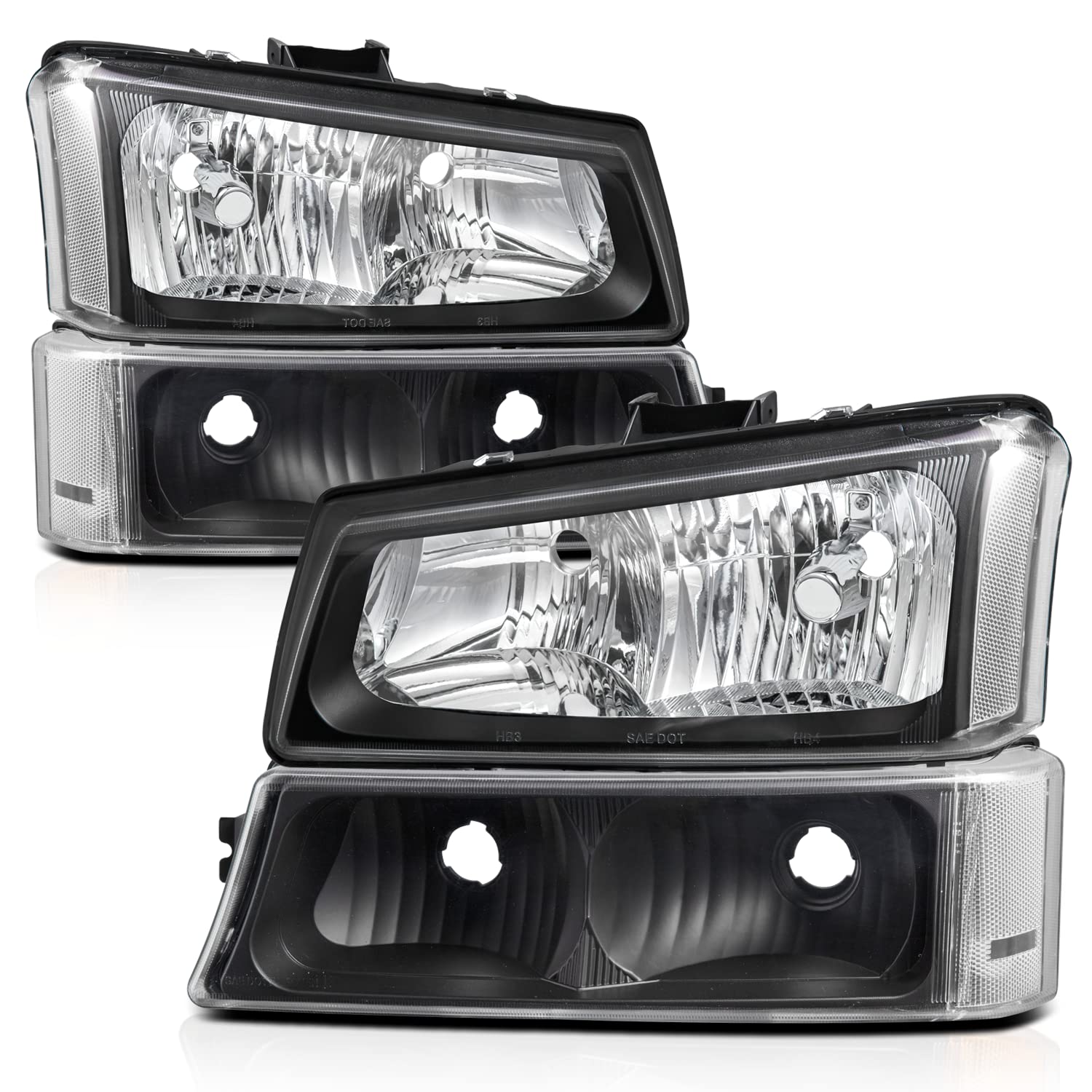 Photo 1 of Headlights Assembly with Bumper Lamps Compatible with 2003-2007 Chevy Avalanche Silverado 1500 2500 HD 3500 Non OE Cladding, Driver and Passenger Side, Black Housing Clear Corner