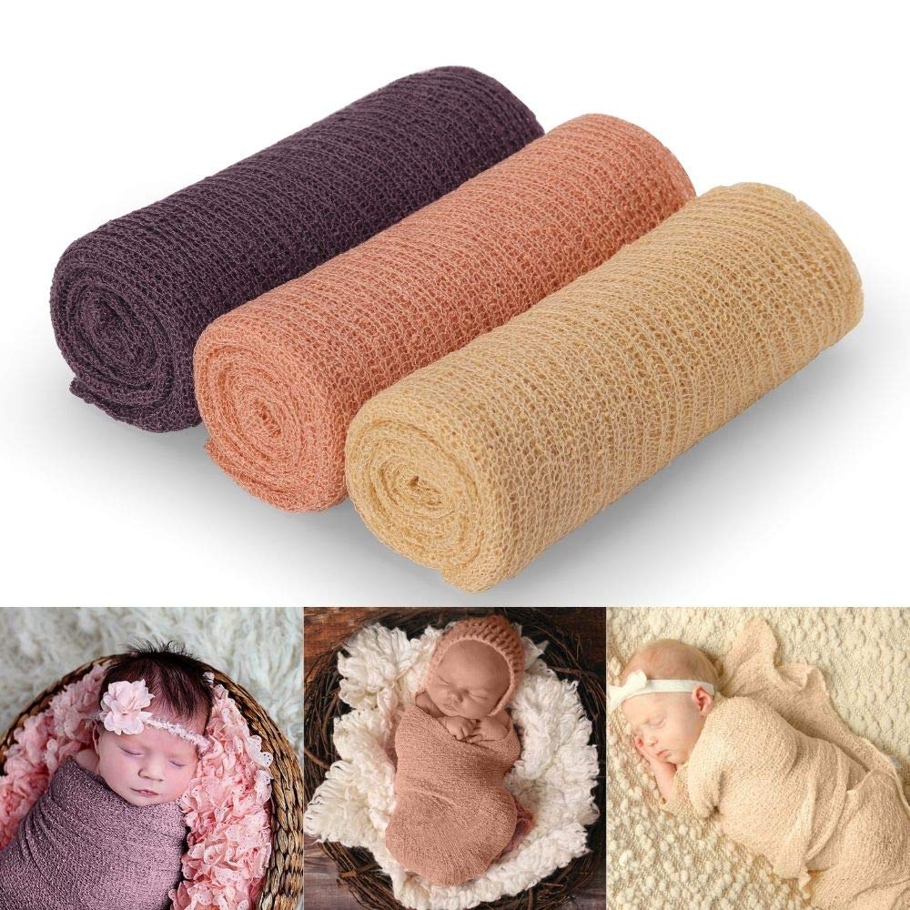 Newborn Photography Props, 3 Pcs Baby Stretch Wraps, Professional Baby Photo Props Long Ripple Wrap, for 0-6 Months Baby (Lilac+Salmon+Champagne)