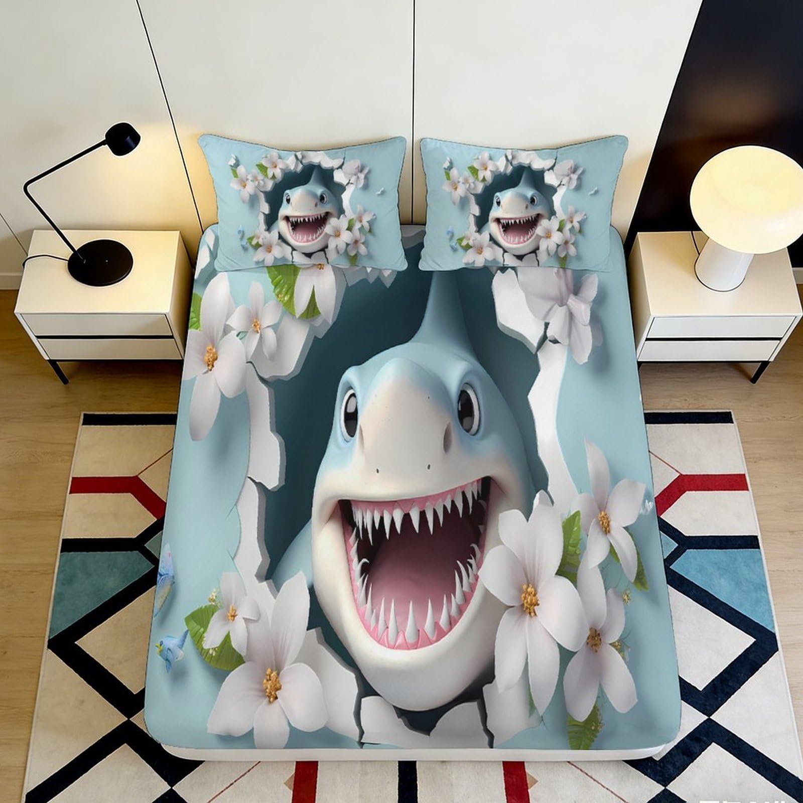 3D Printed Shark Floral Fitted Sheet Microfiber Deep Pocket Bedroom Bedding Shark Mattress Fitted Cover Full Wrap 200x200x25cm 90x200x25cm